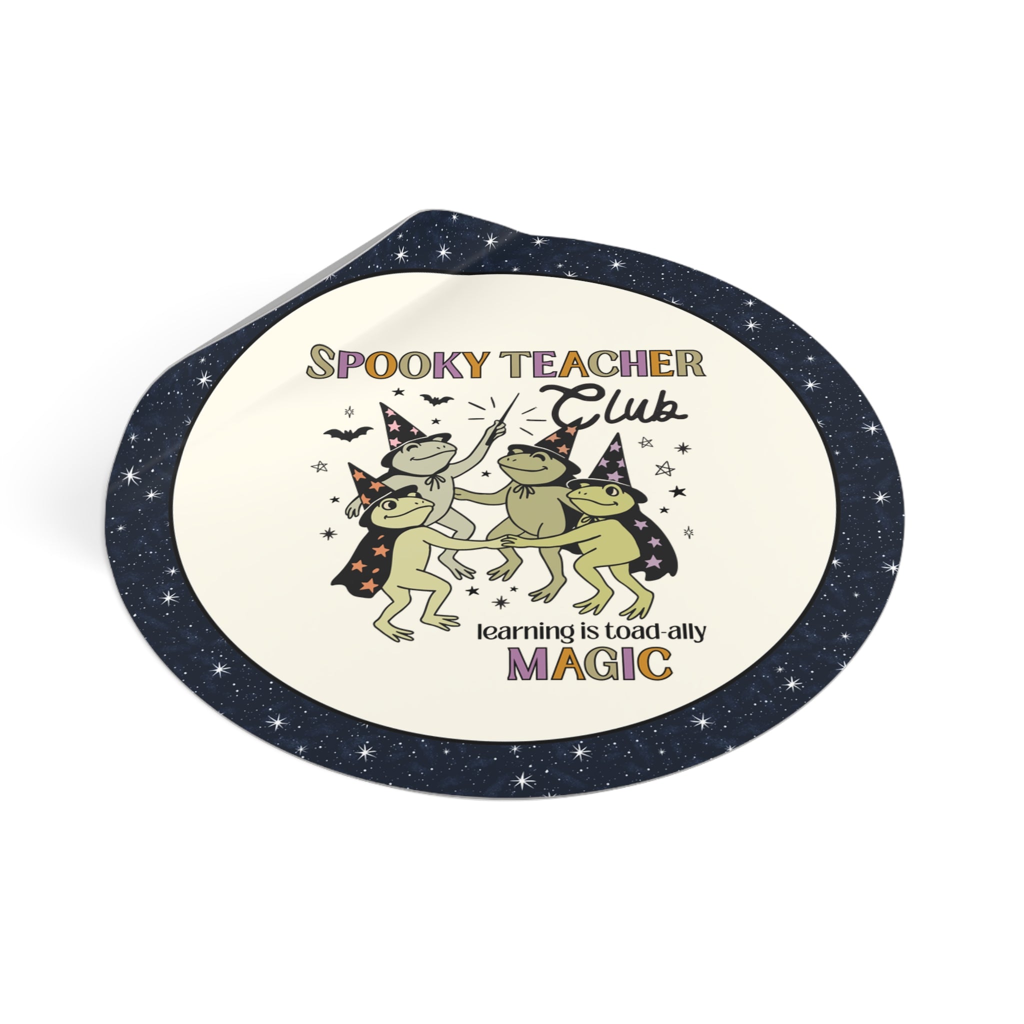 Halloween Teacher Sticker with Cute Witchy Frogs: Learning is Magic! Funny Saying Spooky Season Sticker with Stars, Magical Animal Lover