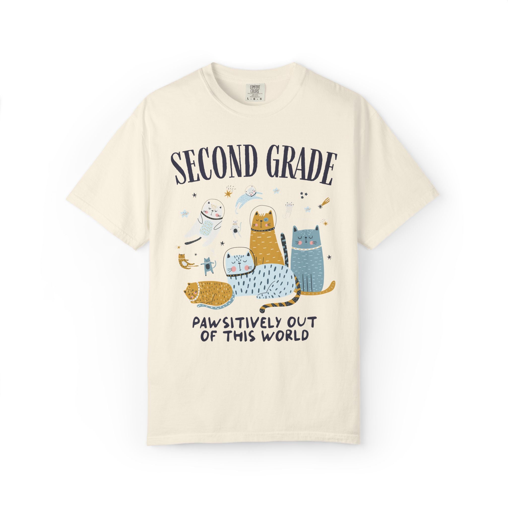 Second Grade Teacher Space Cat Tee Shirt with Astronaut Kittens and Stars: Pawsitively Out of This World Teacher Team T-Shirt for Cat Lover