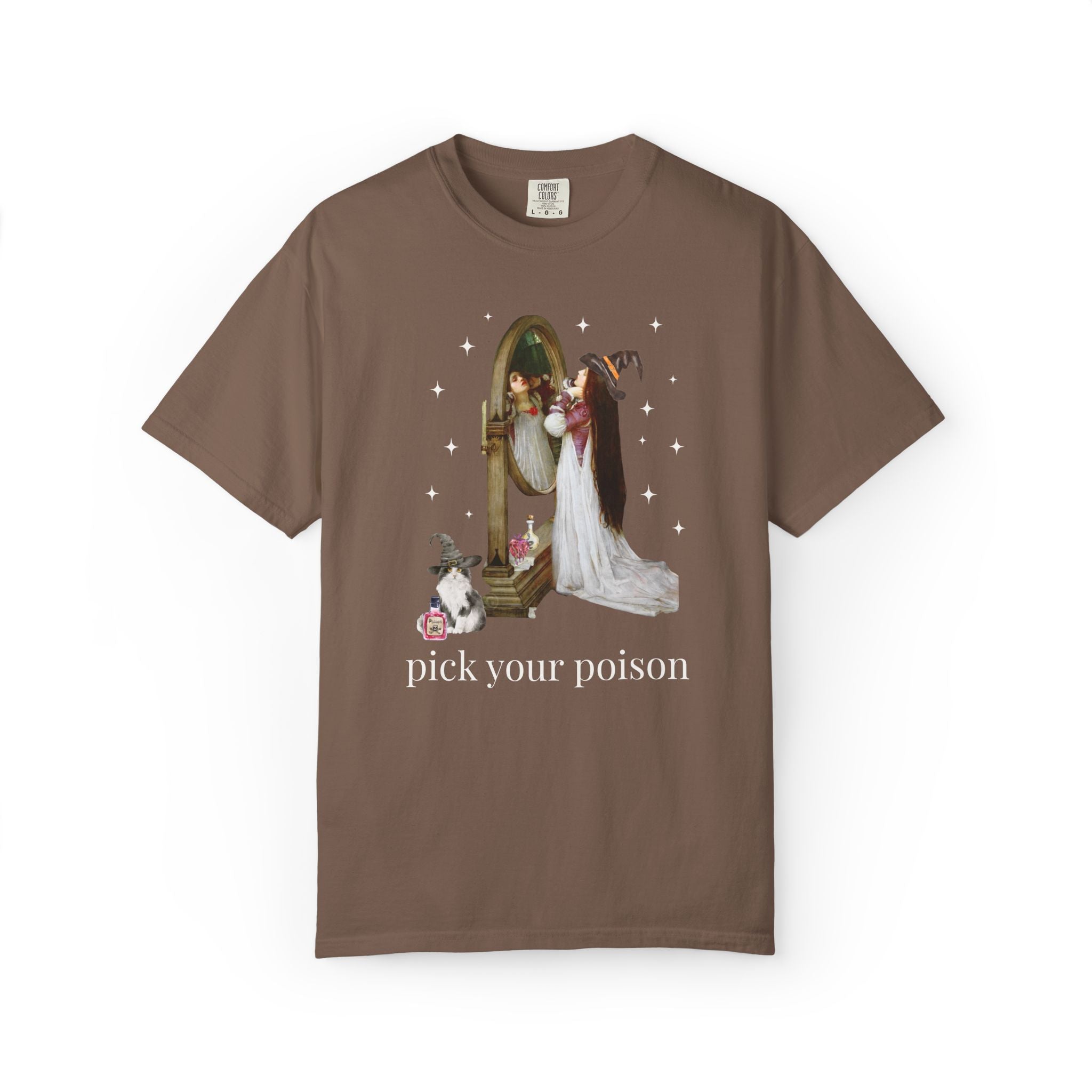 Halloween Art History Tee Shirt: Pick Your Poison | Spooky Art History Buff Tee Shirt, Famous Painting by John William Waterhouse, Cat Lover