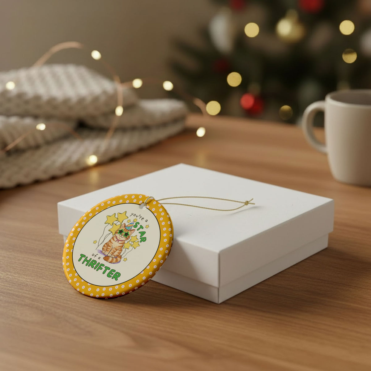 Funny Cat Lover Ornament: You're a Star of a Thrifter | Silly Cutecore Holiday Ornament for Friend Who Loves Thrifting
