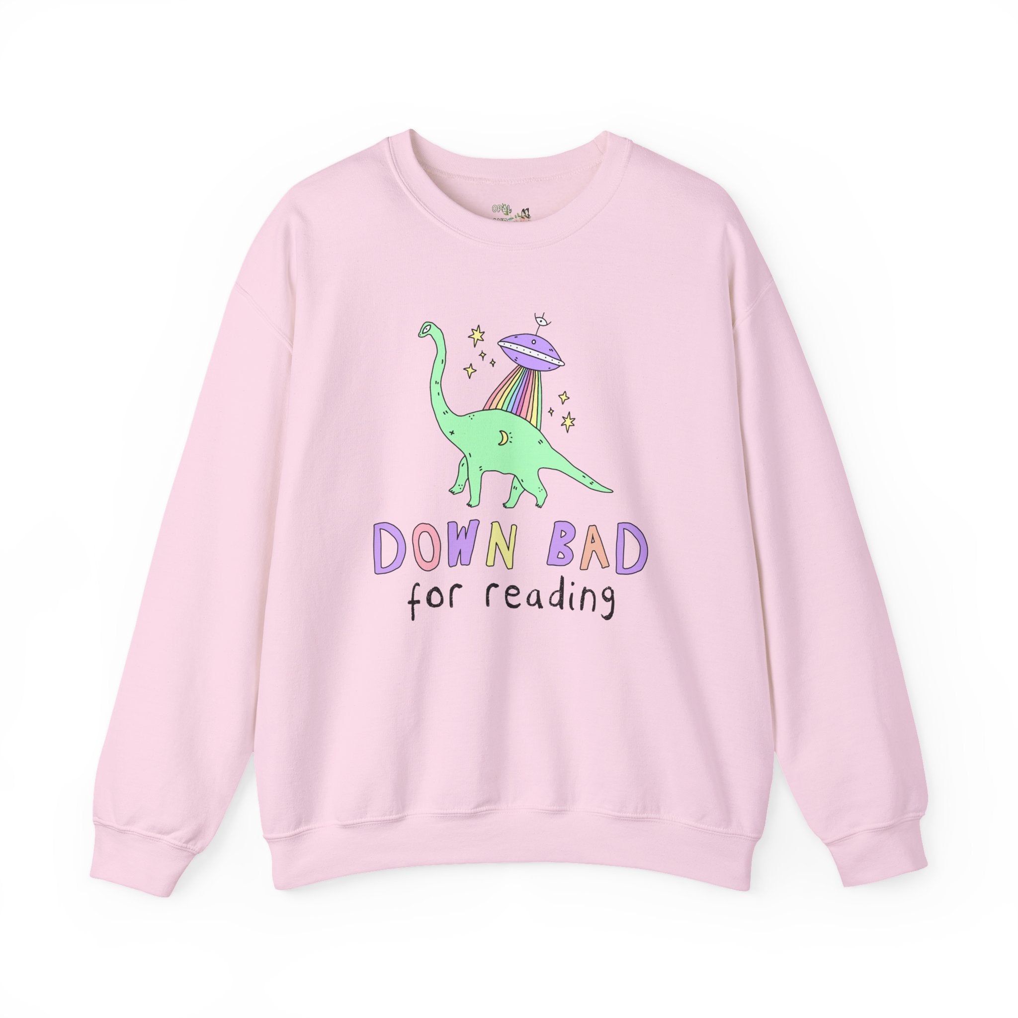Dinosaur Bookish Sweatshirt with Rainbow UFO: Down Bad for Reading, Silly Dreamcore Book Lover or Librarian Crewneck for Mom Who Loves Books