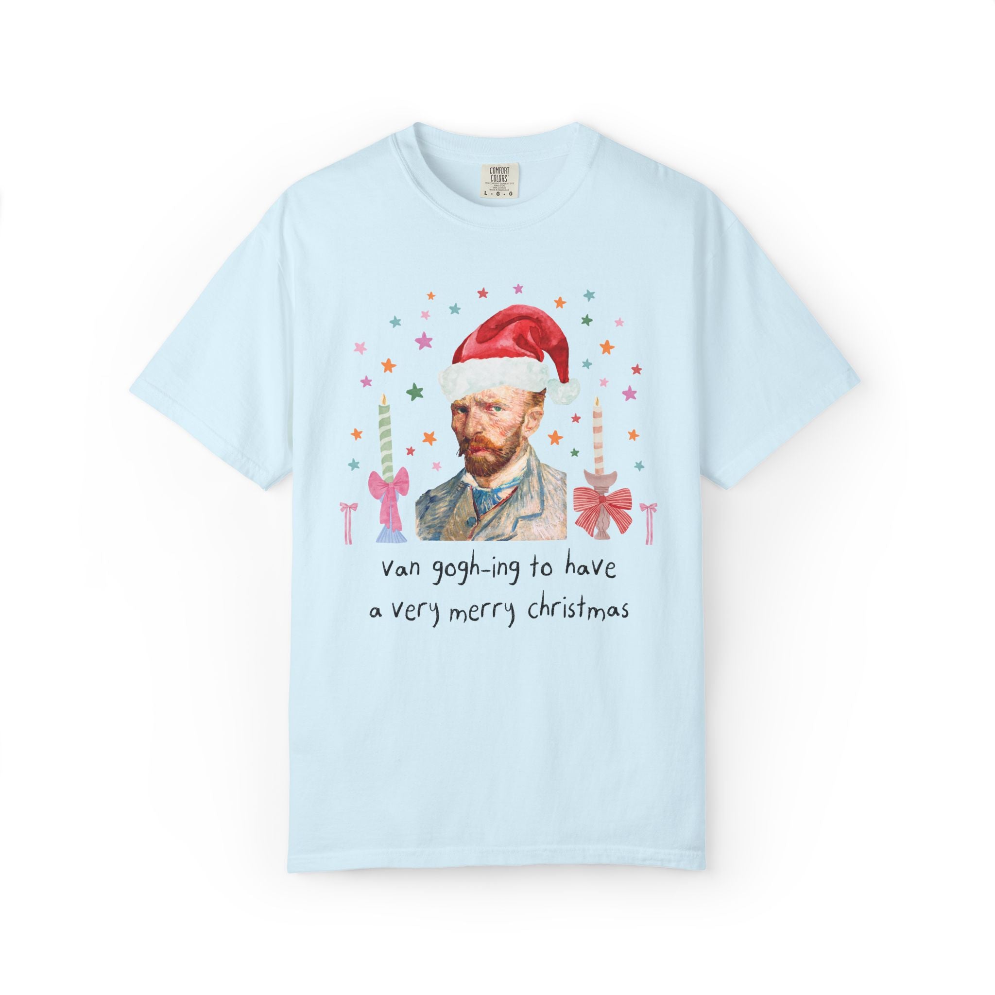 Christmas Art History Buff Tee Shirt with Vincent Van Gogh:Van Gogh-ing to Have a Very Merry Christmas, Silly Famous Painting Xmas Tee