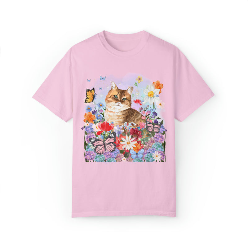 Funny Cottagecore Cat Shirt for Cat Mom or Cat Lover: Watercolor Cat with Butterflies
