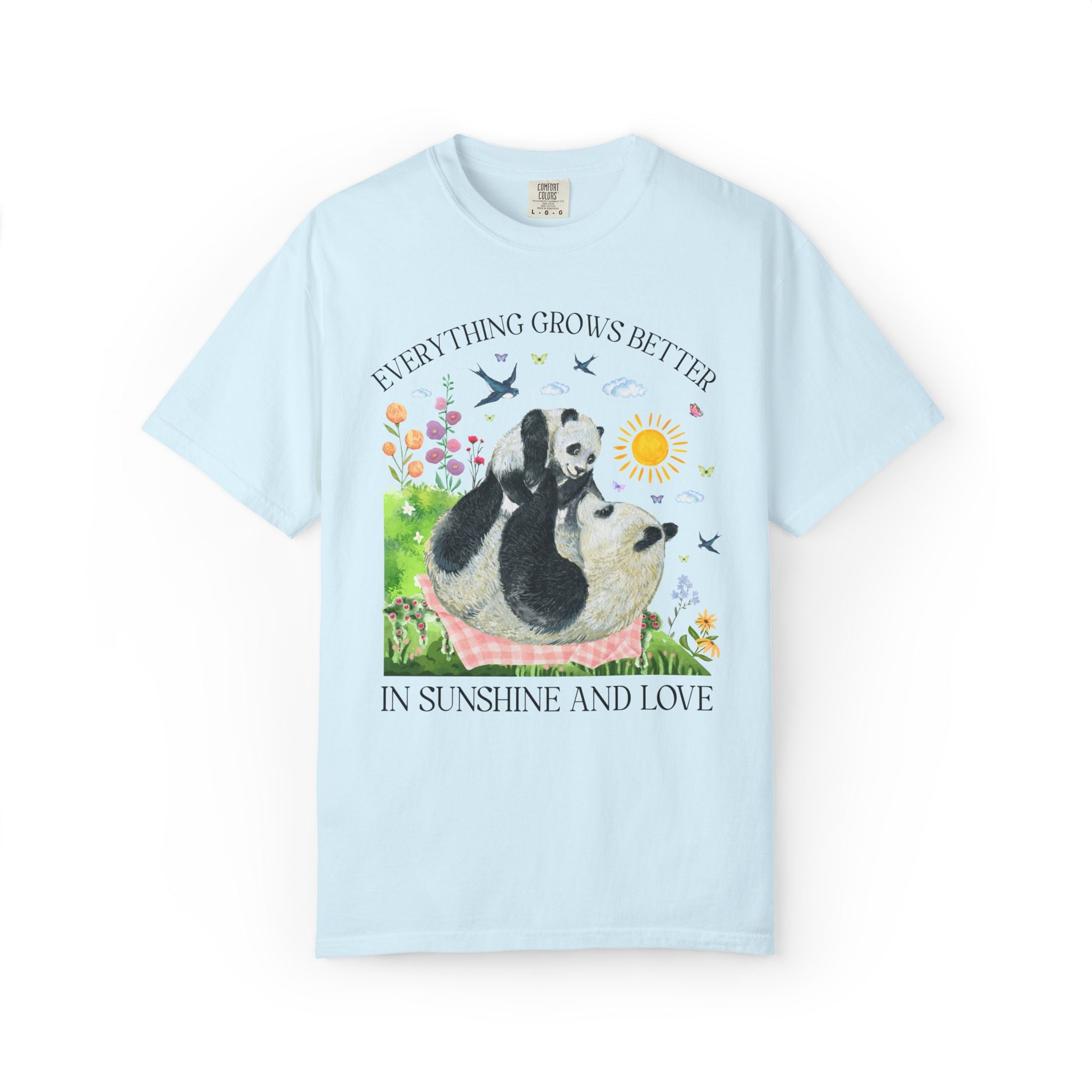 Animal Lover Panda T-Shirt with Flowers: Everything Grows Better in Sunshine and Love, Nostalgic Mother's Day Tee, New Mama, Mom of Toddlers