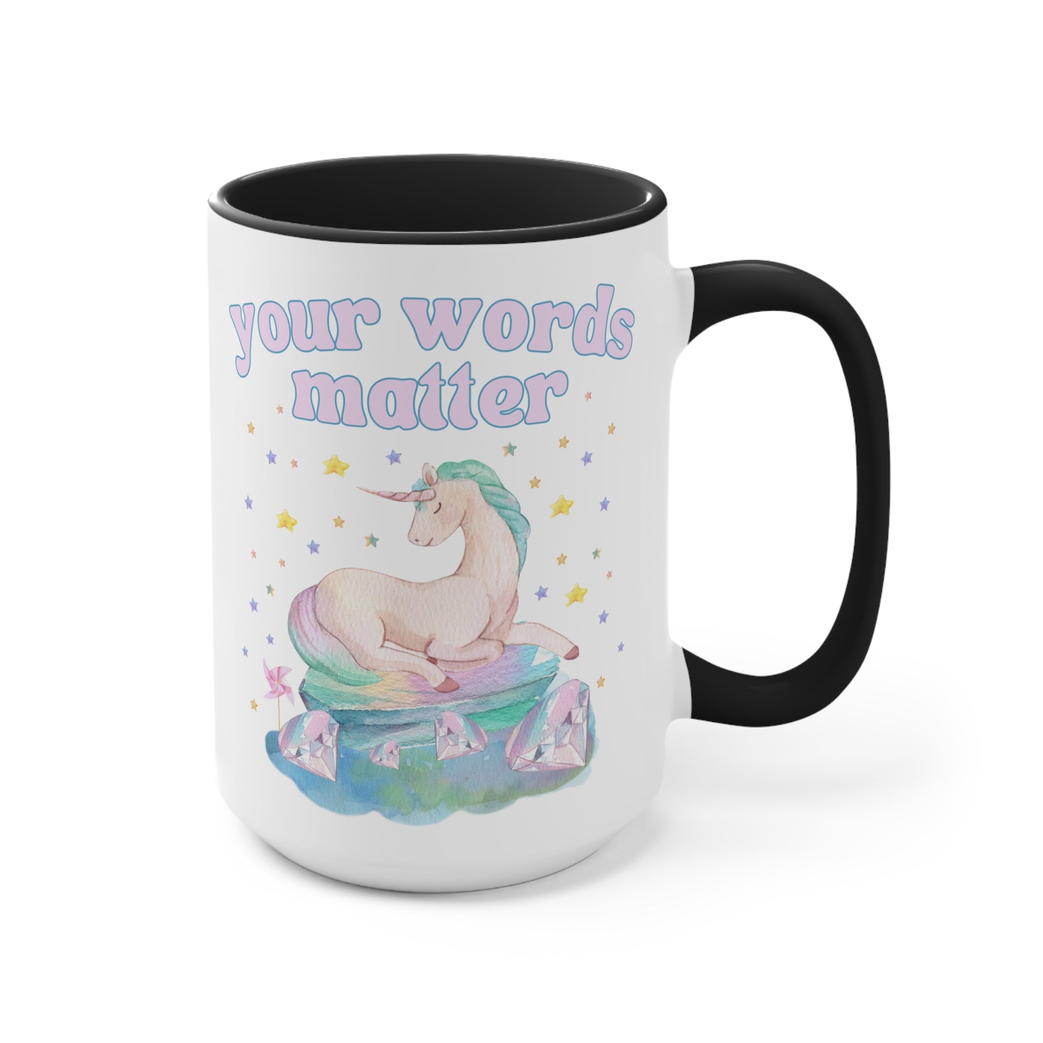 Your Words Matter: 15 Oz Coffee Mug | Gift for Speech Apraxia Therapist or Special Education Teacher, Creative Dreamcore Mug with Unicorn