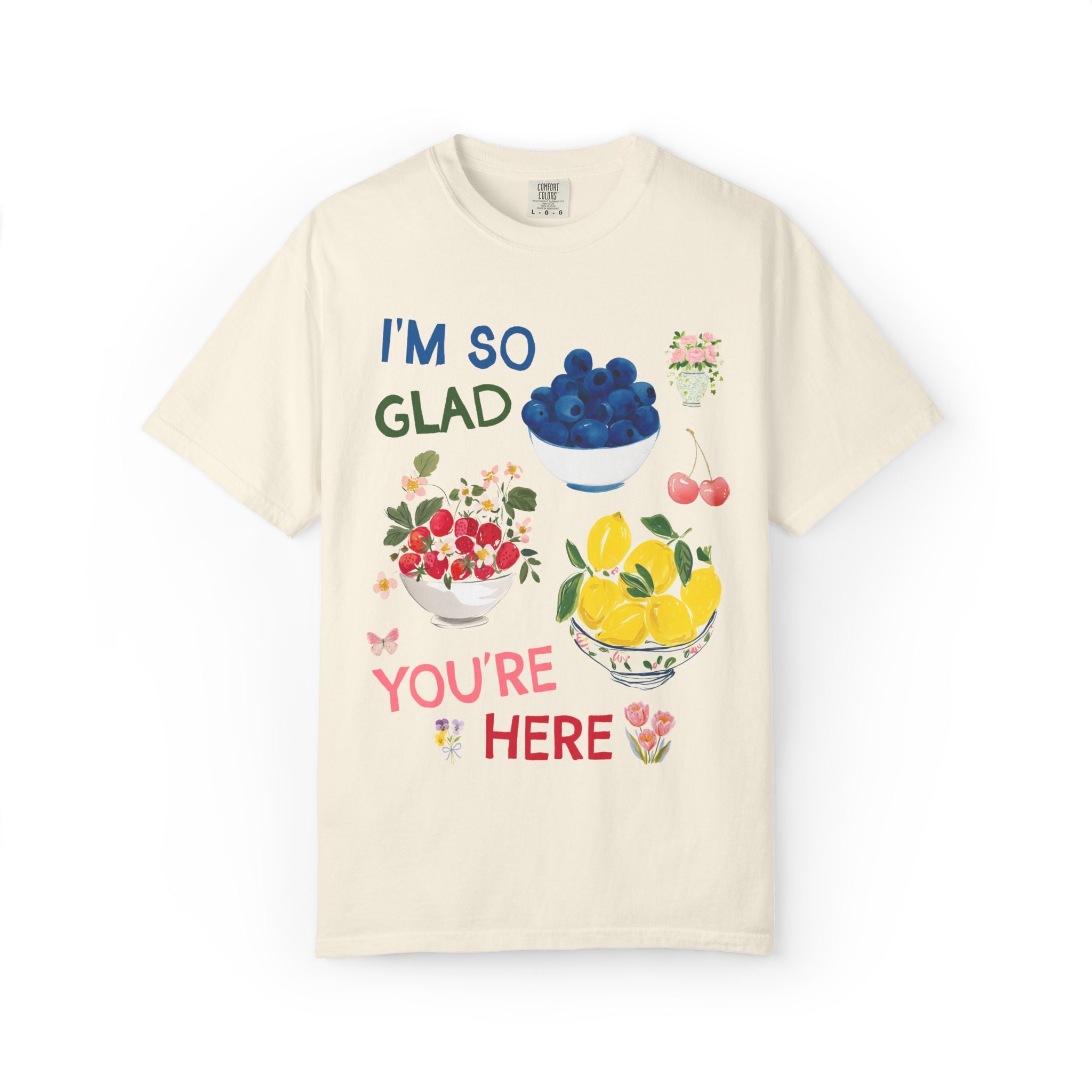 I'm So Glad You're Here Back to School Teacher T-Shirt with Strawberries Lemons and Blueberry Fruit, Whimsical Teacher Tee for First Day