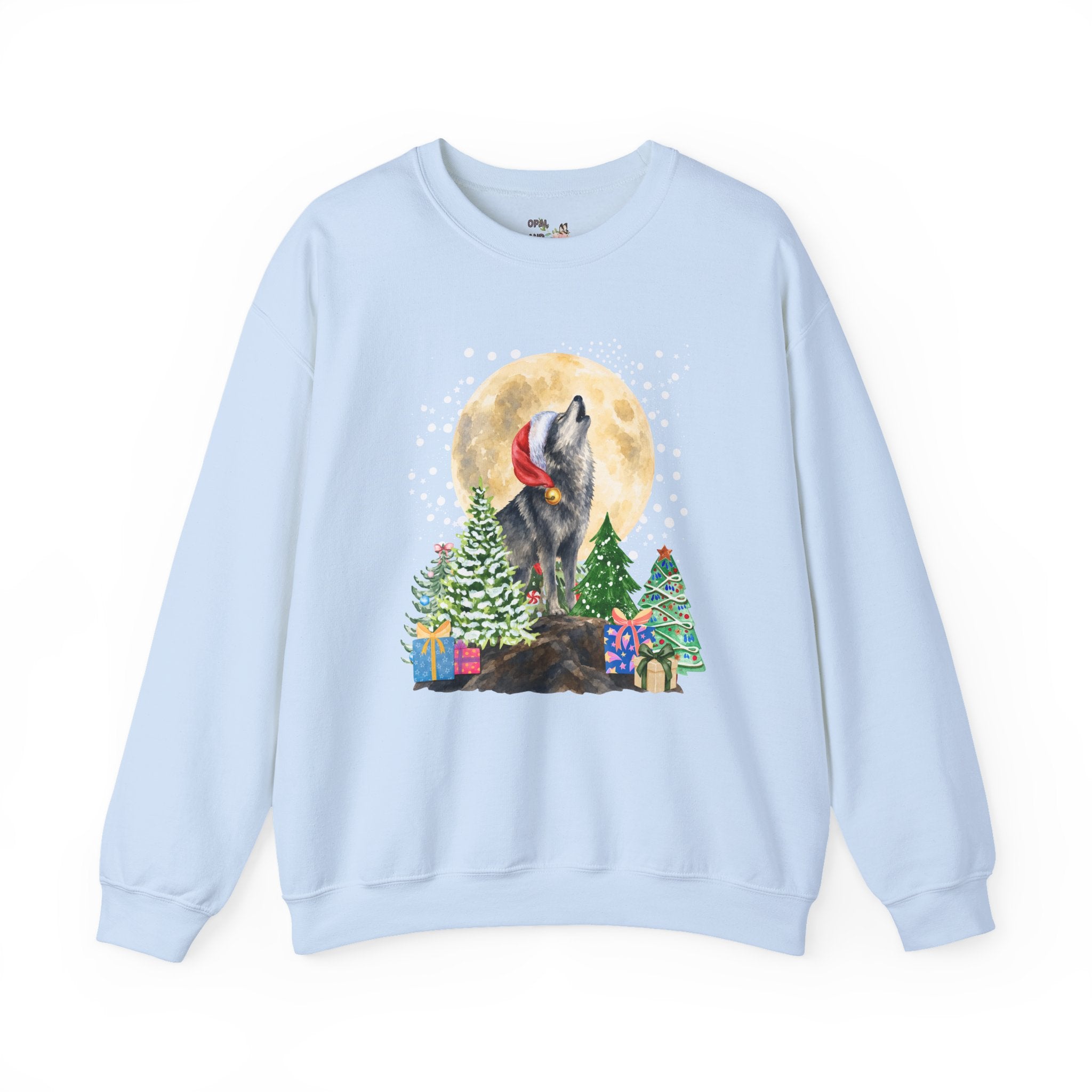 Kitschy Wolf Christmas Sweatshirt for Animal Lover, Maximalist Funny Wolf Sweatshirt of a Wolf Wearing a Santa Hat, Silly Goblincore Holiday Xmas Crewneck