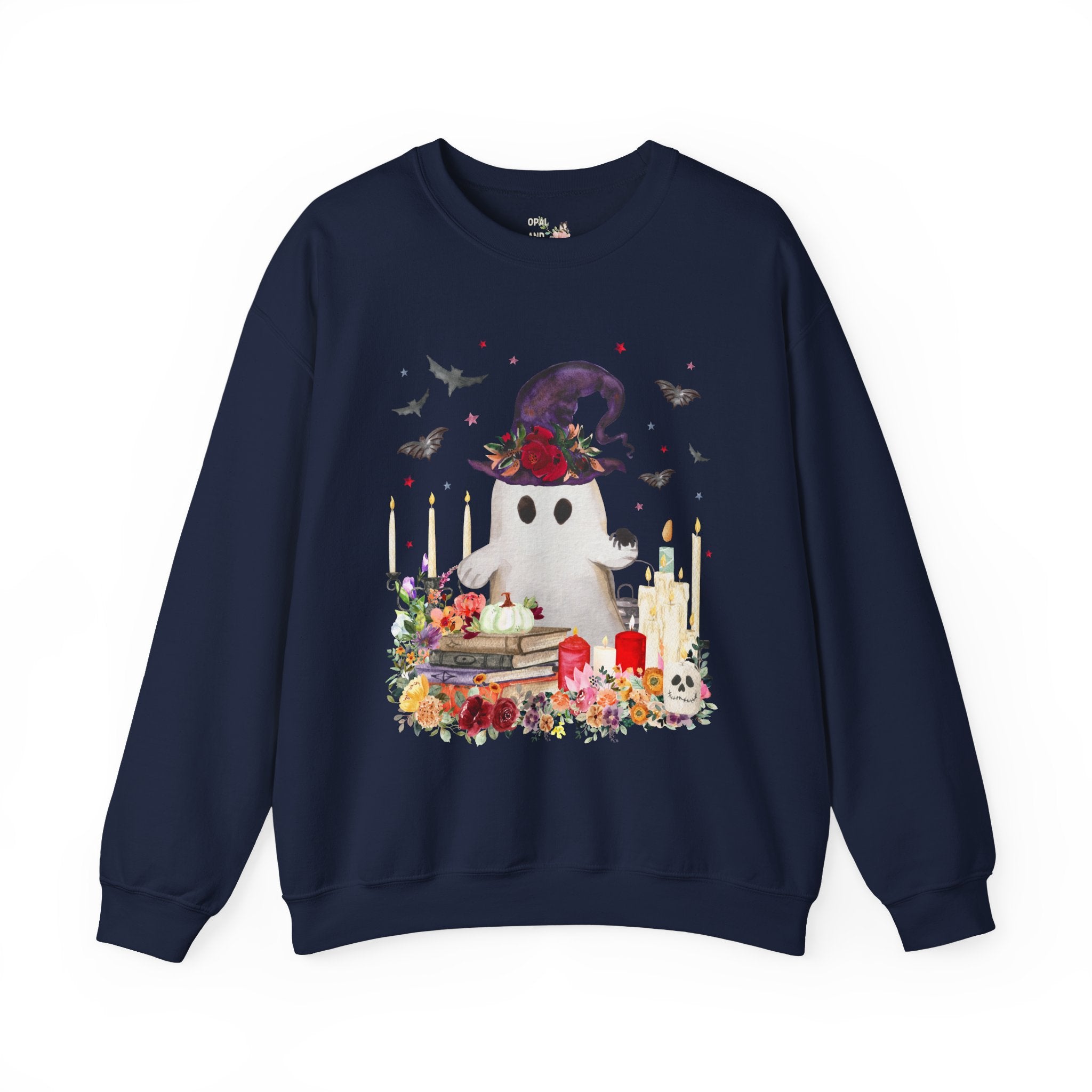 Ghost Sweatshirt for Halloween: Ghost with Flowers and Books | Cute Halloween Sweatshirt, Boho Halloween, Spooky Sweatshirt with Bats