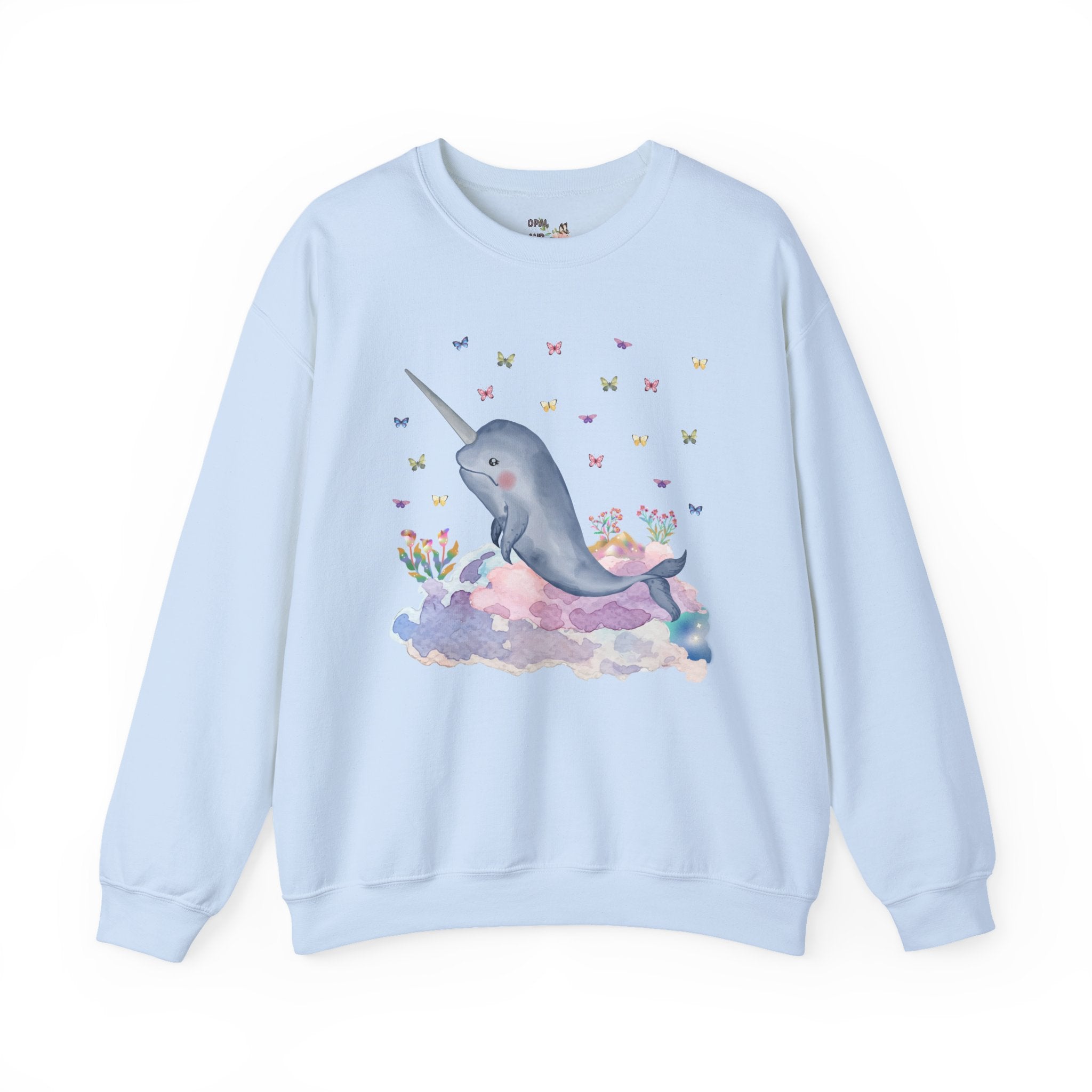 Pastel Narwhal Sweatshirt with Butterflies and Plants: Nineties Throwback Shirt | Creative Ocean Gift for Science Teacher or Biology Major