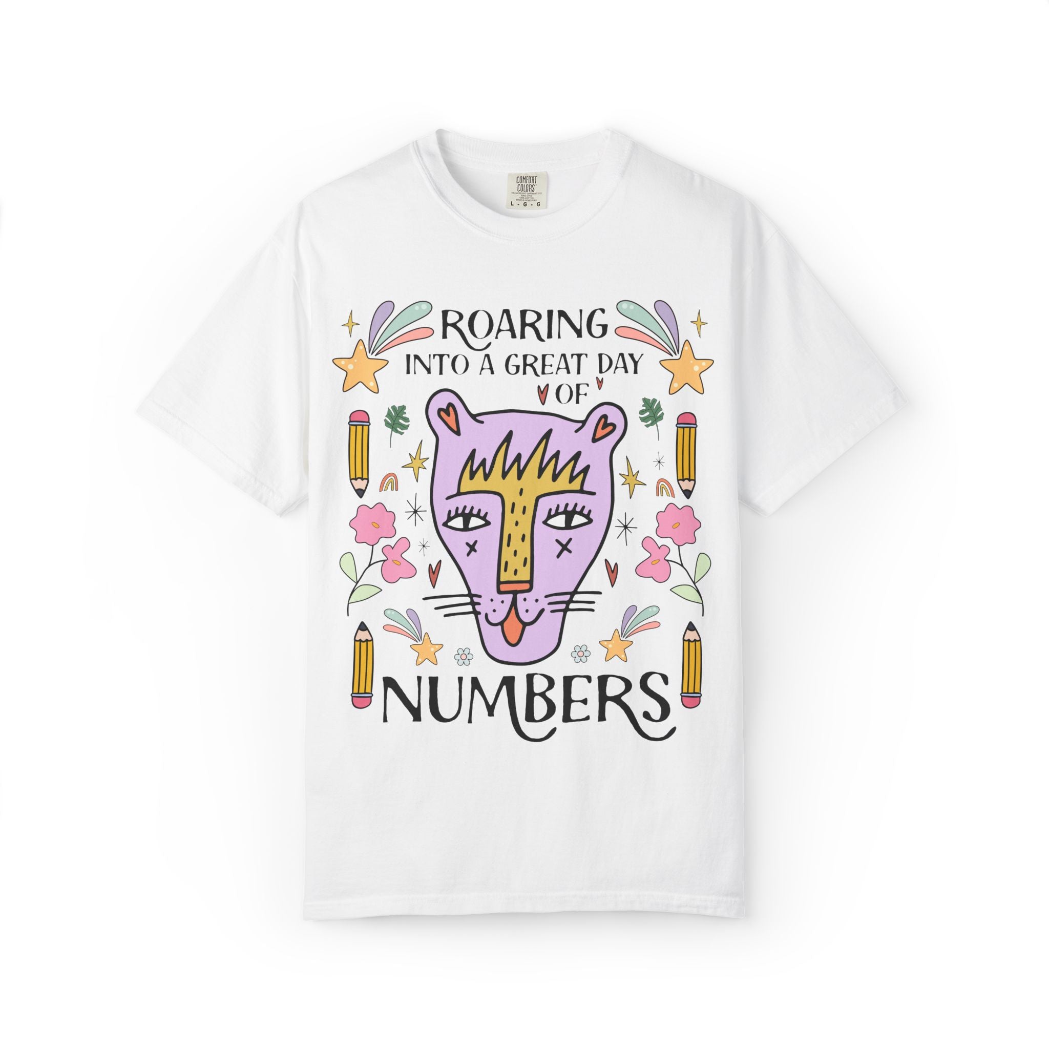 High School Math Tee Shirt: Roaring Into a Great Day of Reading | Cute Eclectic Matching Teacher Math Department T-Shirt for Animal Lover
