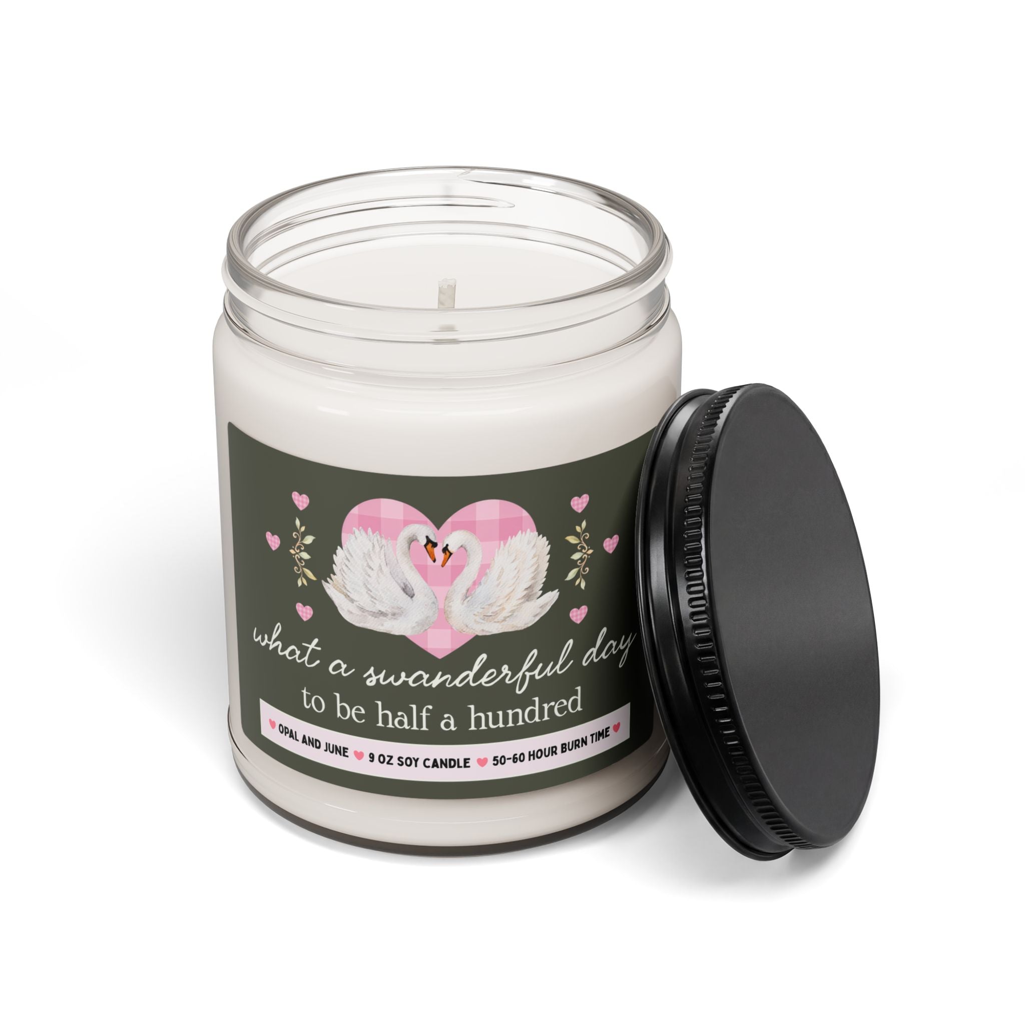 Funny 50th Birthday Gift, Candle with Swans: What a Swanderful Day to Be Half a Hundred, 9 Oz Candle for Mom or Aunt's Fiftieth Birthday