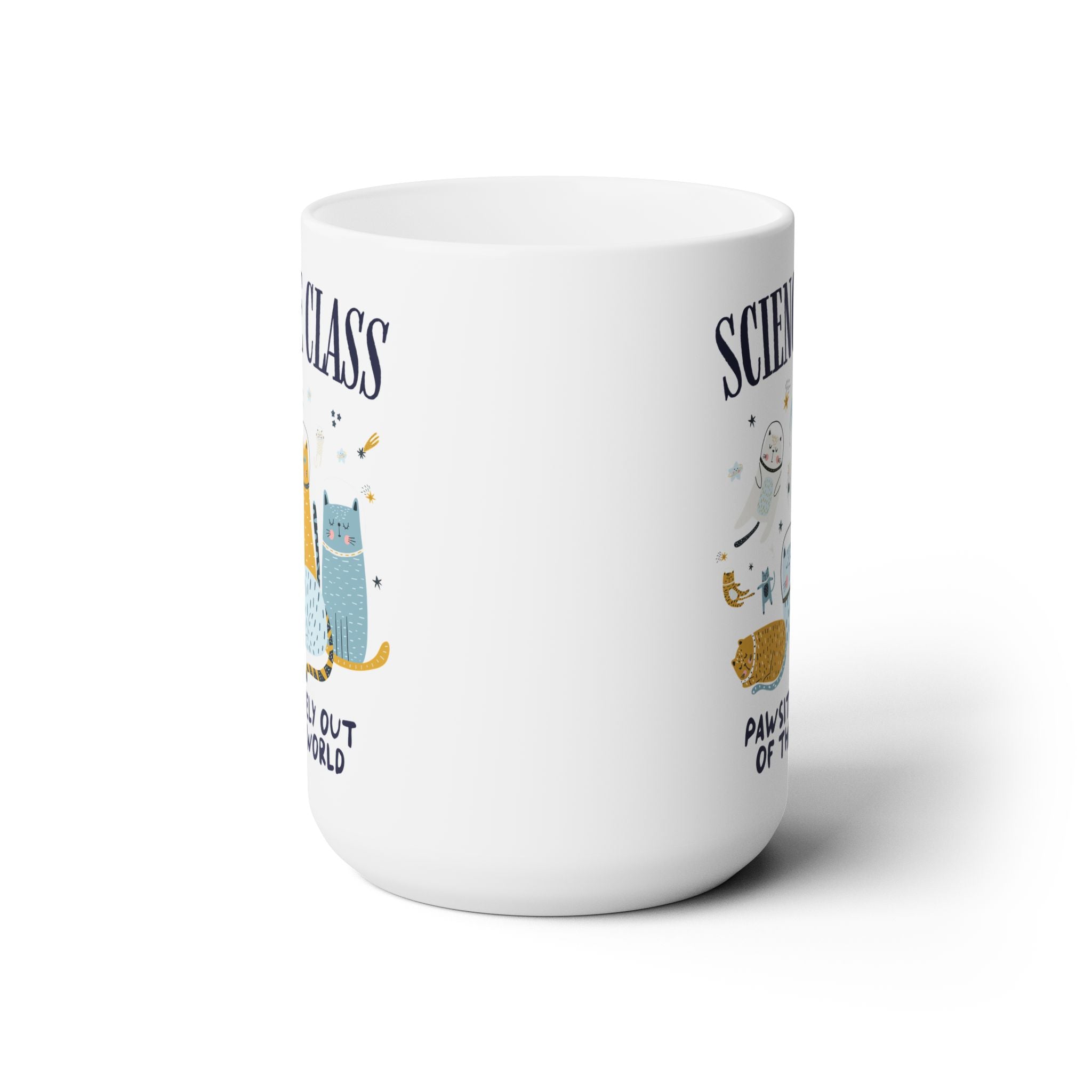 Science Teacher Space Cat 15 Oz Coffee Mug with Astronaut Kittens and Stars: Pawsitively Out of This World Teacher Team Mug for Cat Lover
