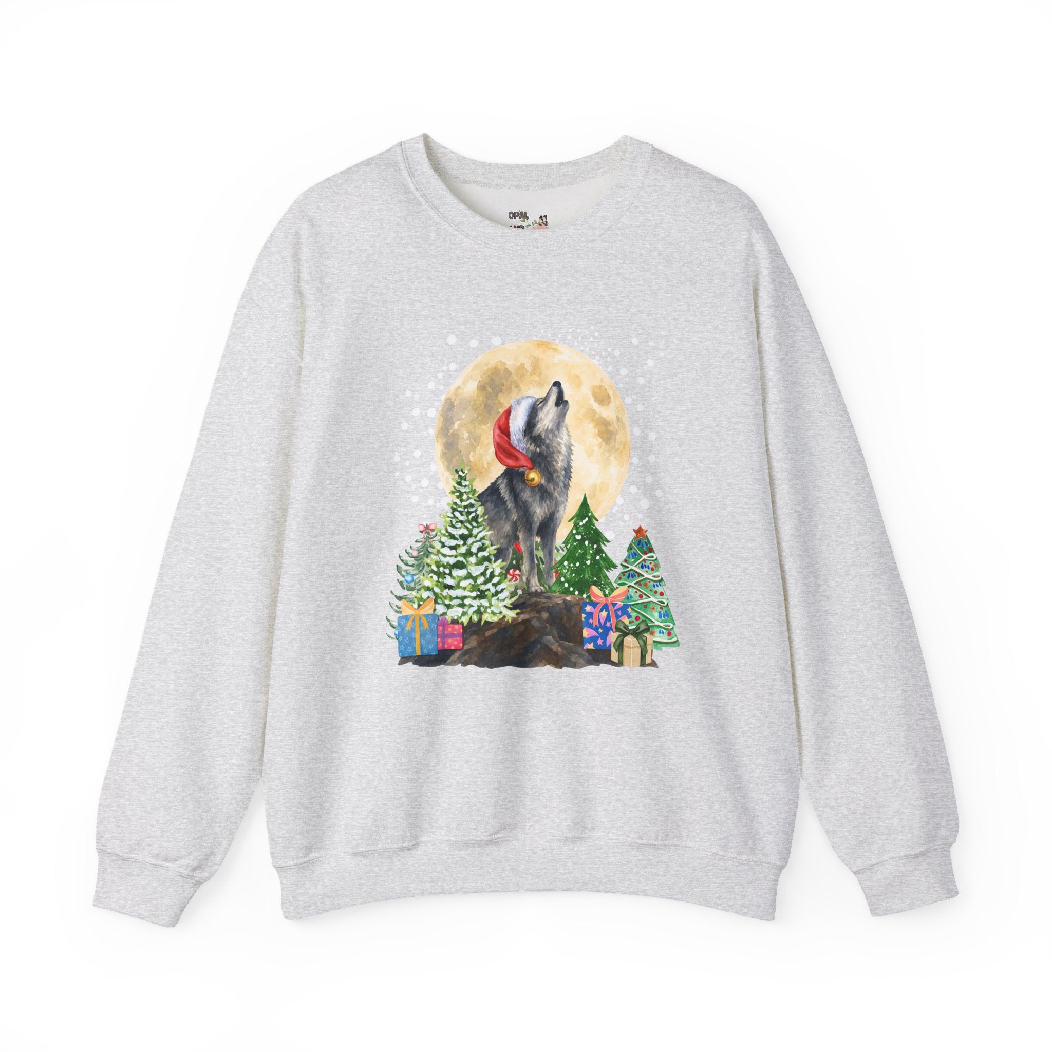 Kitschy Wolf Christmas Sweatshirt for Animal Lover, Maximalist Funny Wolf Sweatshirt of a Wolf Wearing a Santa Hat, Silly Goblincore Holiday Xmas Crewneck