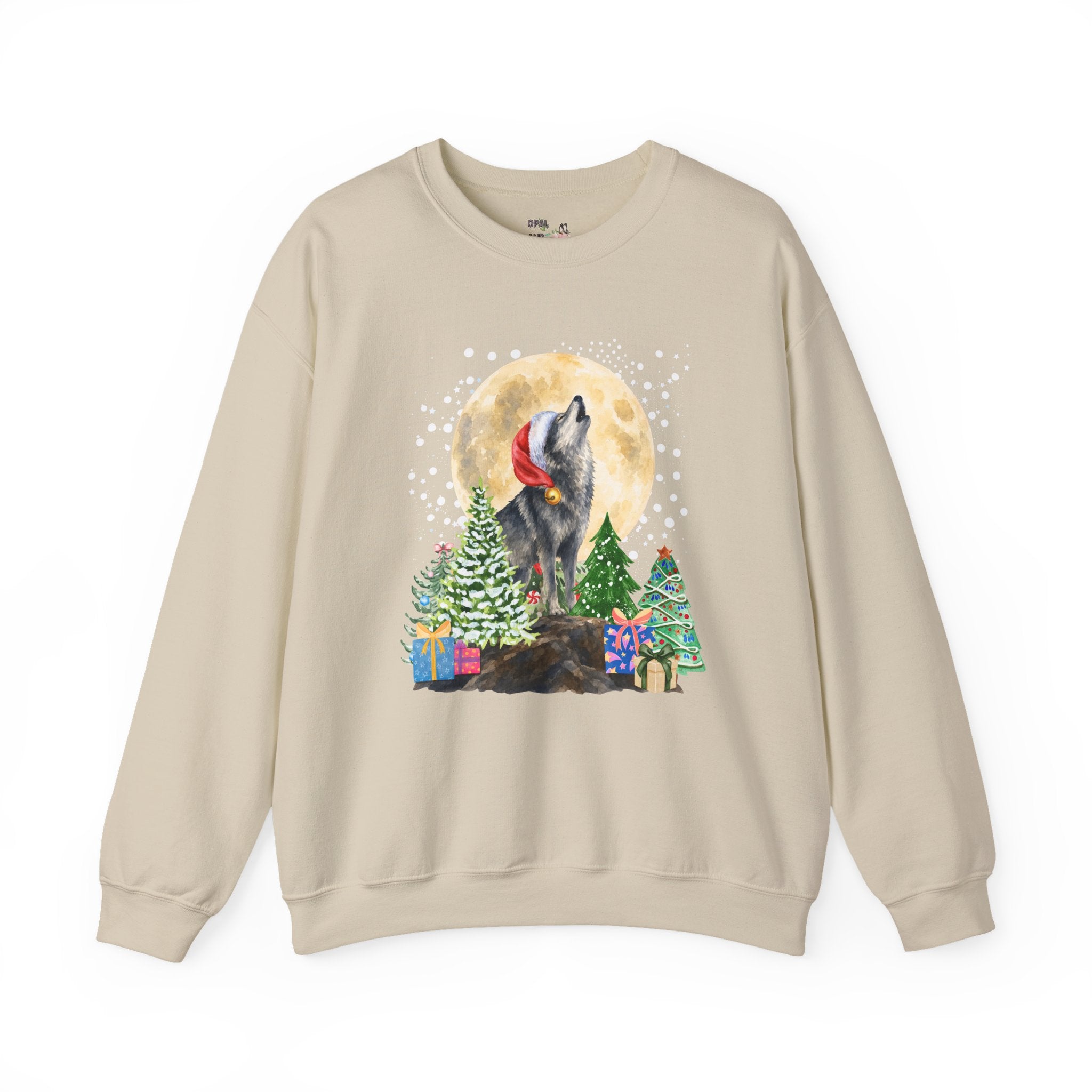 Kitschy Wolf Christmas Sweatshirt for Animal Lover, Maximalist Funny Wolf Sweatshirt of a Wolf Wearing a Santa Hat, Silly Goblincore Holiday Xmas Crewneck