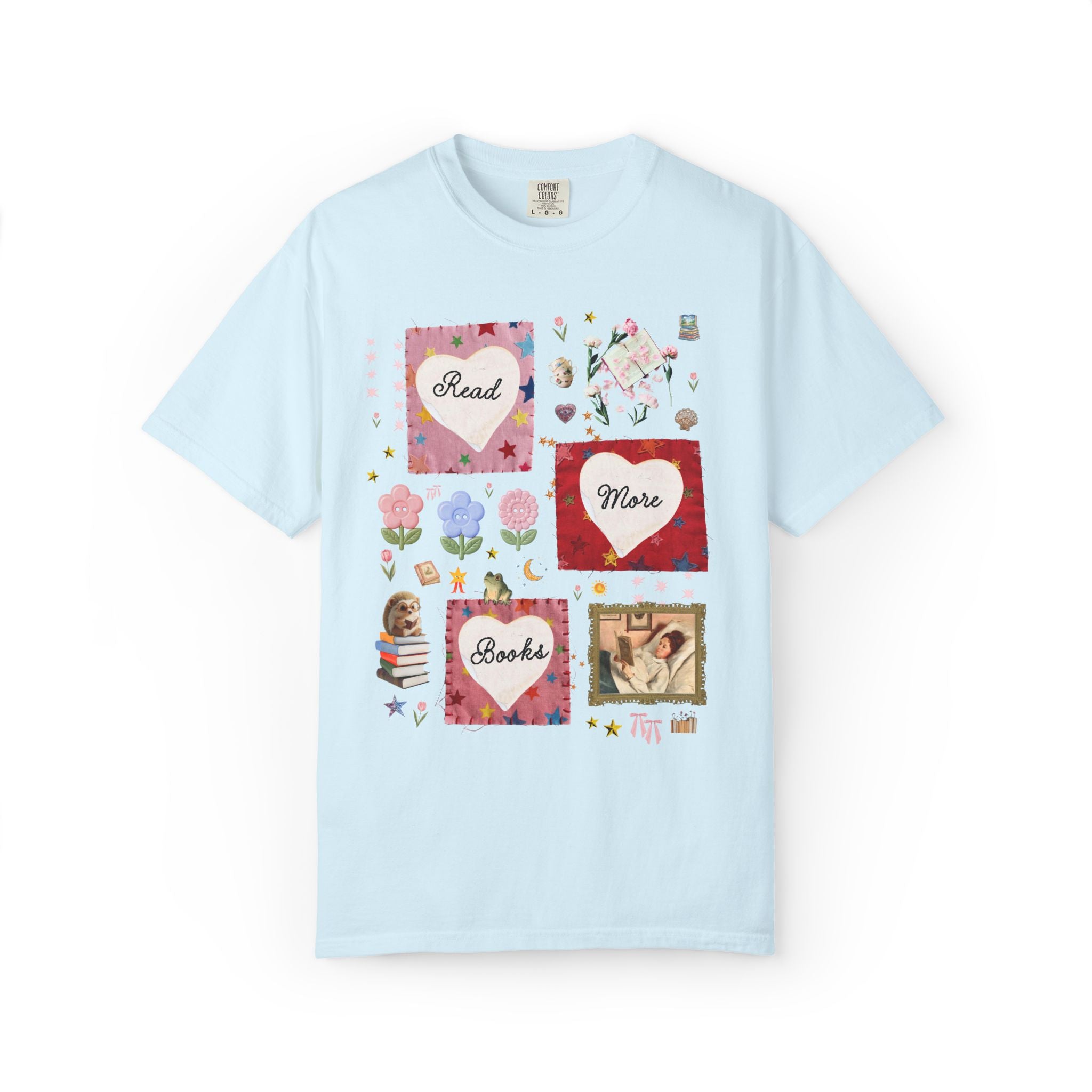 Read More Books Maximalist Collage T-Shirt with Hearts and Flowers, Whimsy Kitschy Soft Girl Style Tee Shirt for Book Lover or Bookworm