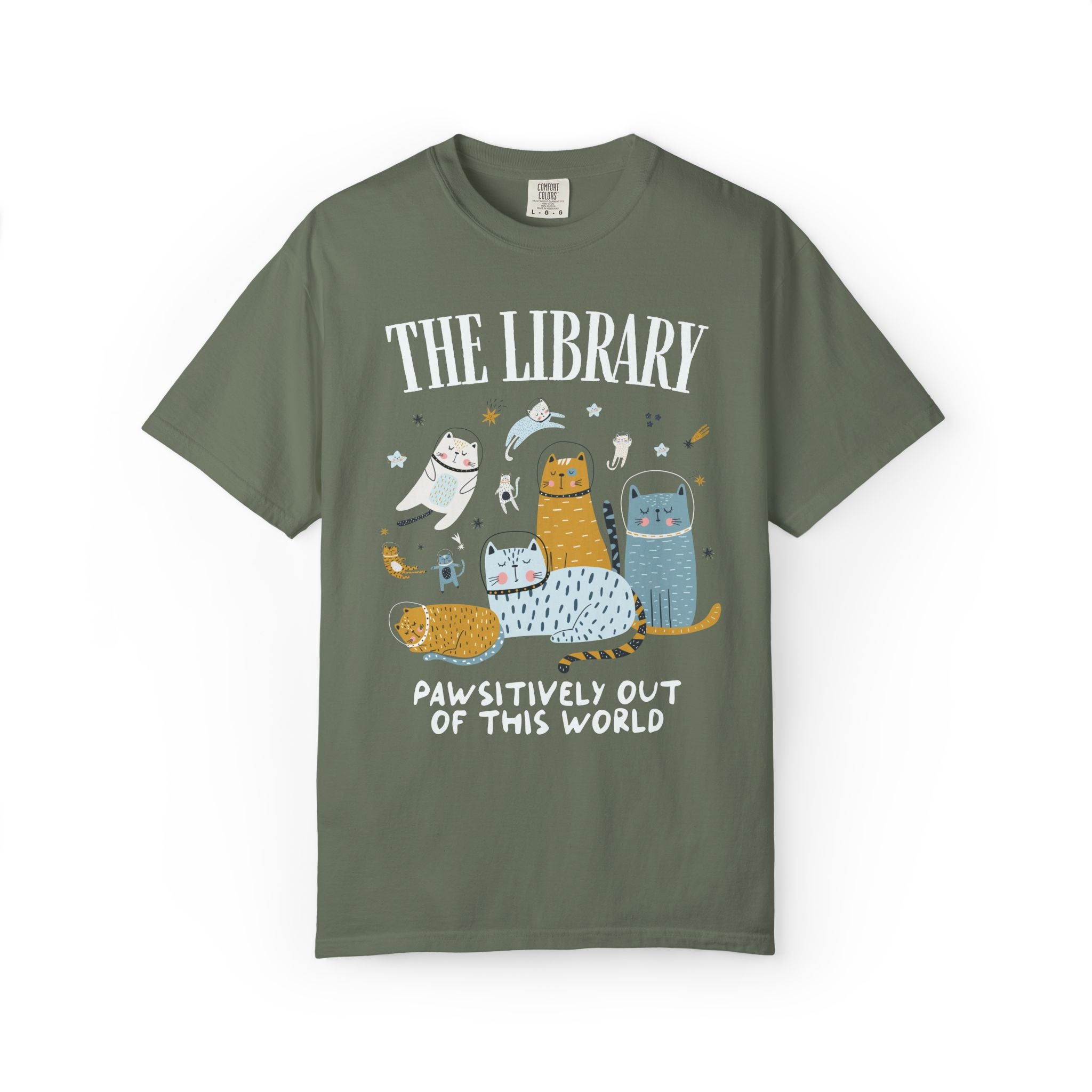 School Librarian Space Cat Tee Shirt with Astronaut Kittens and Stars: Pawsitively Out of This World Teacher Team T-Shirt for Cat Lover
