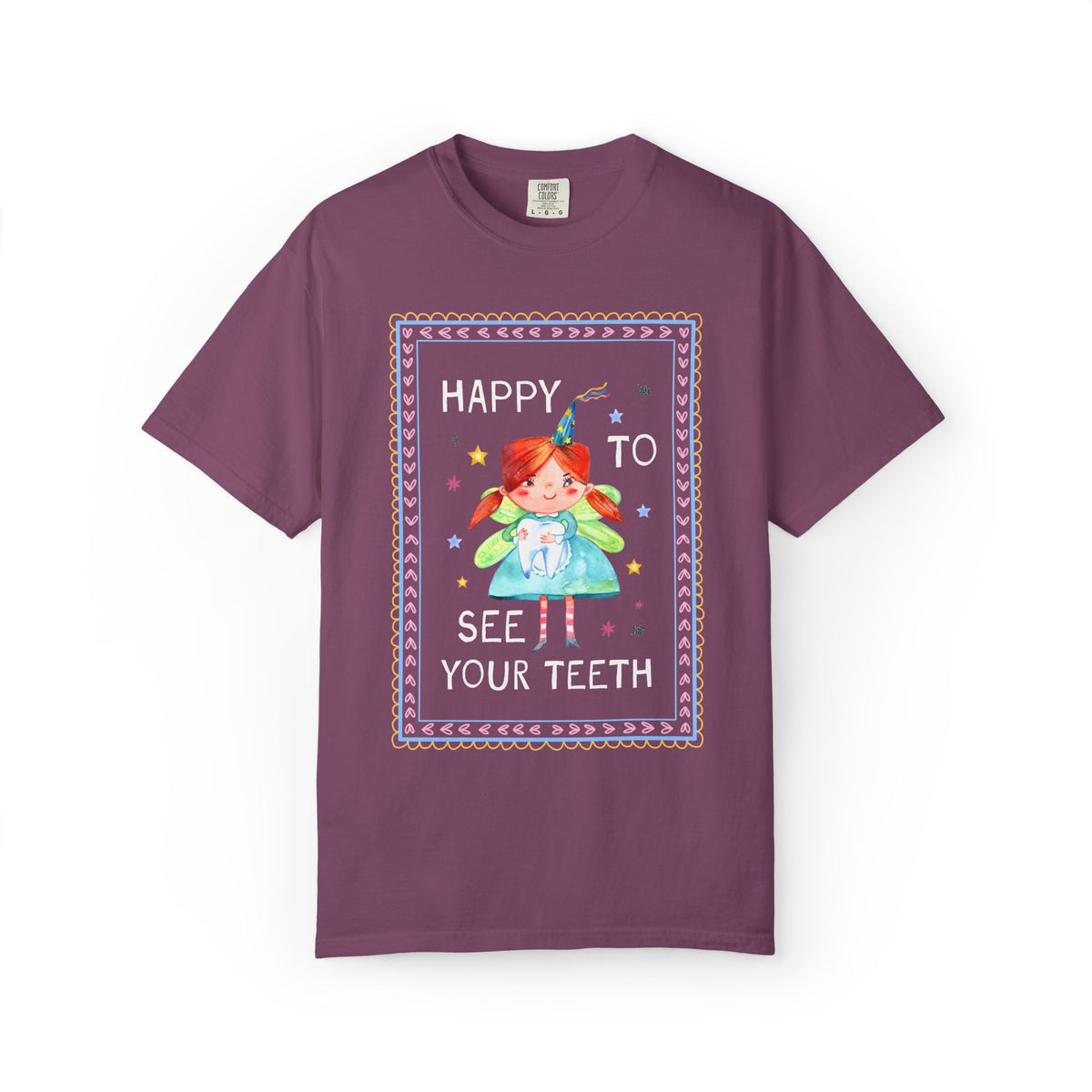 Happy to See Your Teeth: Funny Dentist or Dental Assistant T-Shirt with Tooth Fairy Holding a Tooth, Silly New Dentist Tee with Stars