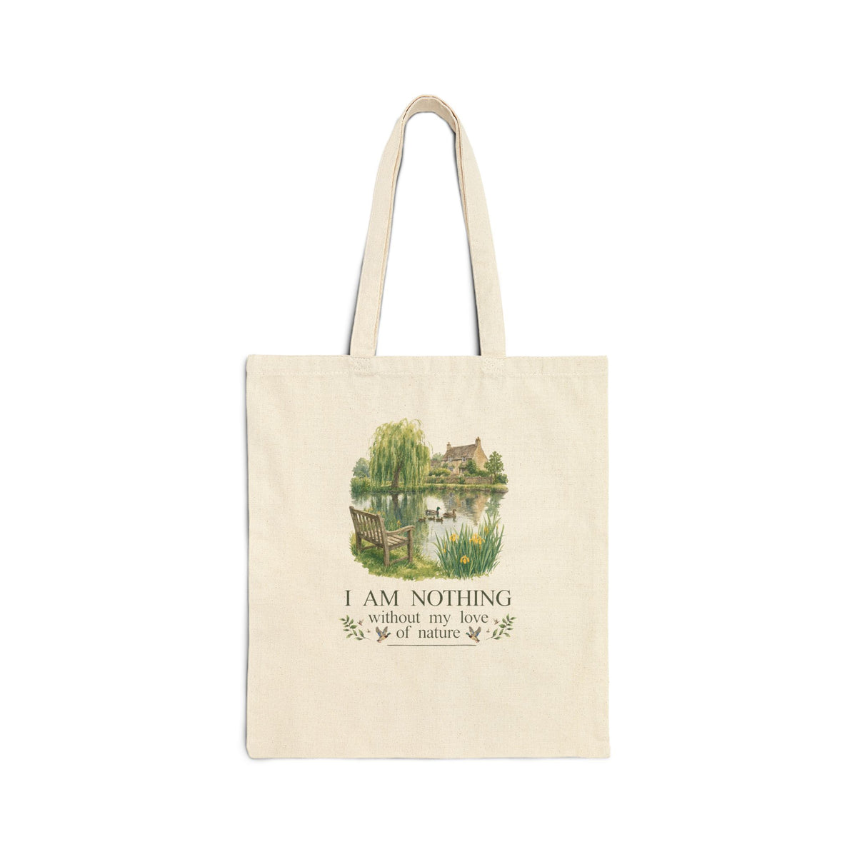 I Am Nothing Without My Love of Nature Tote Bag with Cute Ducks in a Pond, Cute Whimsy Nature Lover Tote Bag for Animal Lover