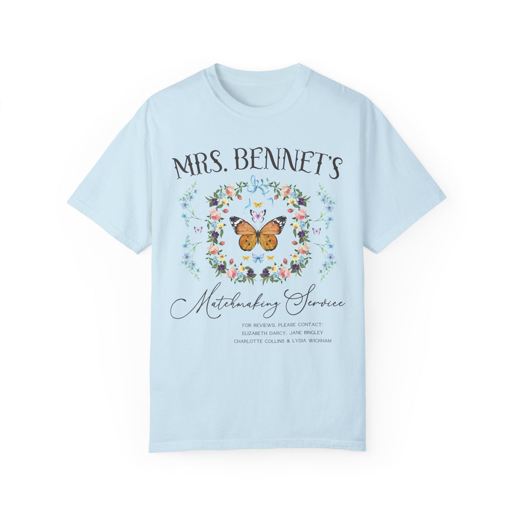 Funny Mrs. Bennet T-Shirt for Jane Austen Fans, Floral Pride and Prejudice Tee in Light Blue, Unique Gift for Book Lover, Bookish Merch for Her, Elizabeth Darcy 