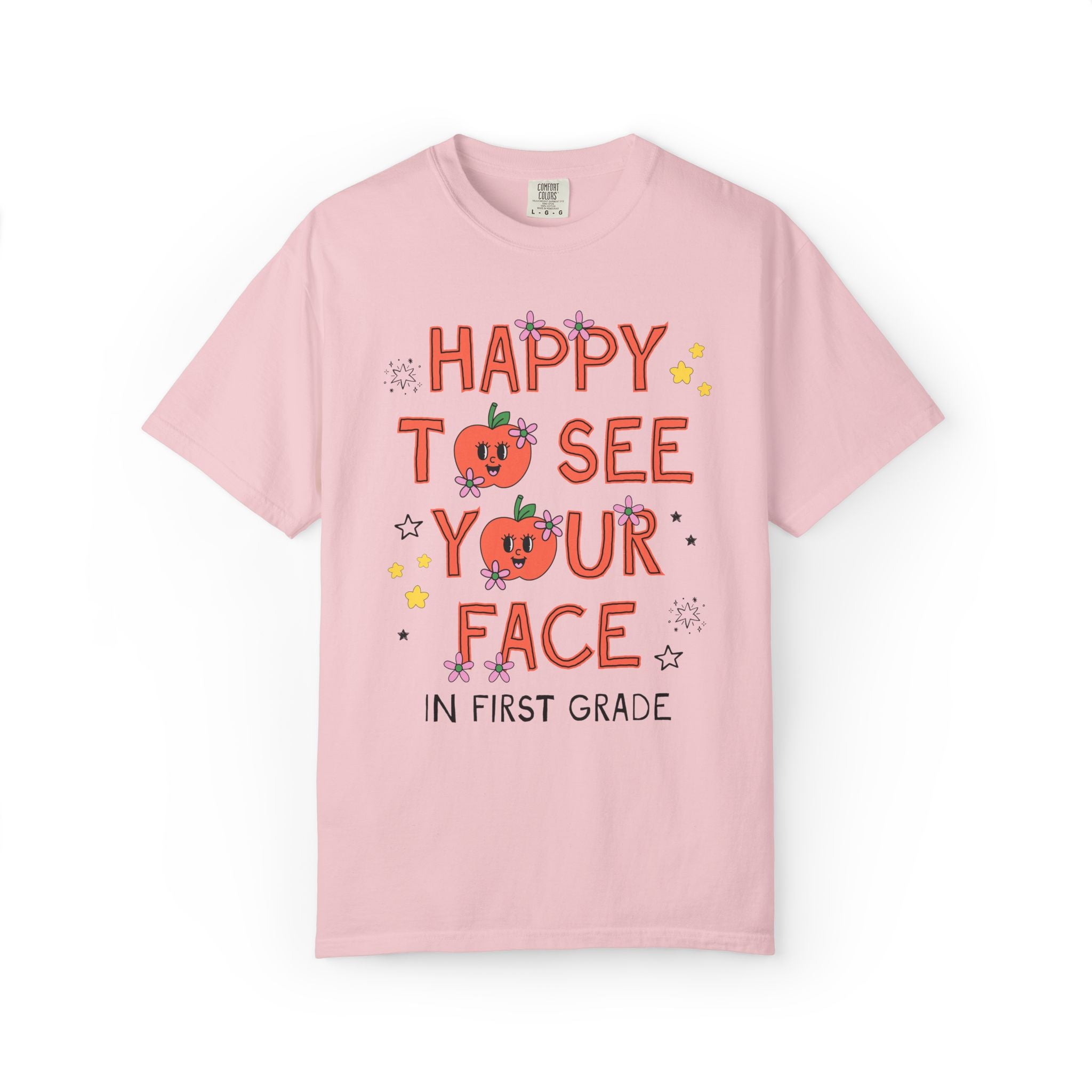 First Grade Teacher Team Tee Shirt: Happy to See Your Face | Cute Back to School T-Shirt with Retro Apples and Flowers, First Day of School