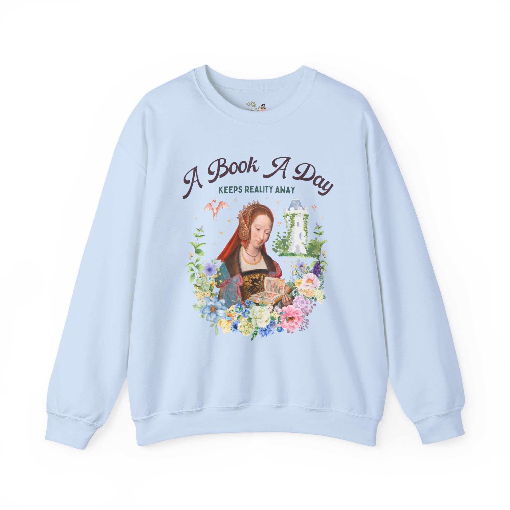 A Book A Day Keeps Reality Away: Bookish Art History Sweatshirt, The Master of Frankfurt Dragon Lover Fantasy Romance Reader Crewneck with Flowers