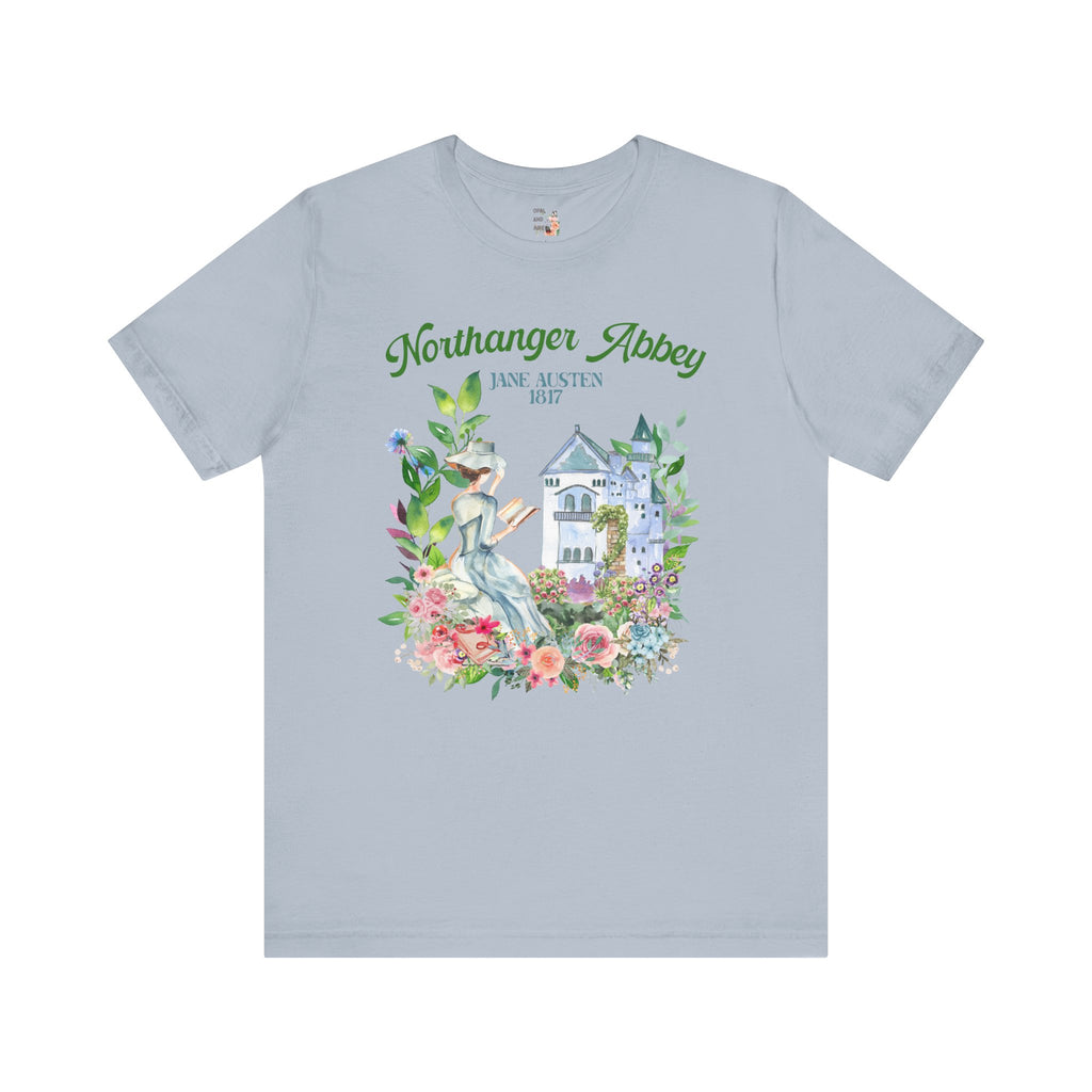 Northanger Abbey by Jane Austen: Bookish Tee for Classic Literature Lover in Dusty Blue, Regency Era Gothic Romance Reader, Cottagecore Floral Style Bookish T