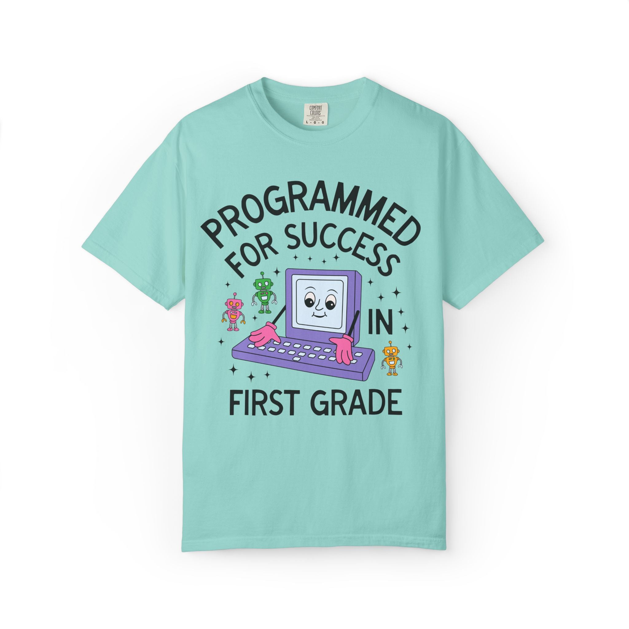 First Grade Teacher Team T-Shirt: Programmed for Success in First Grade, Colorful 90s Aesthetic Computer Science Tee, Back to School