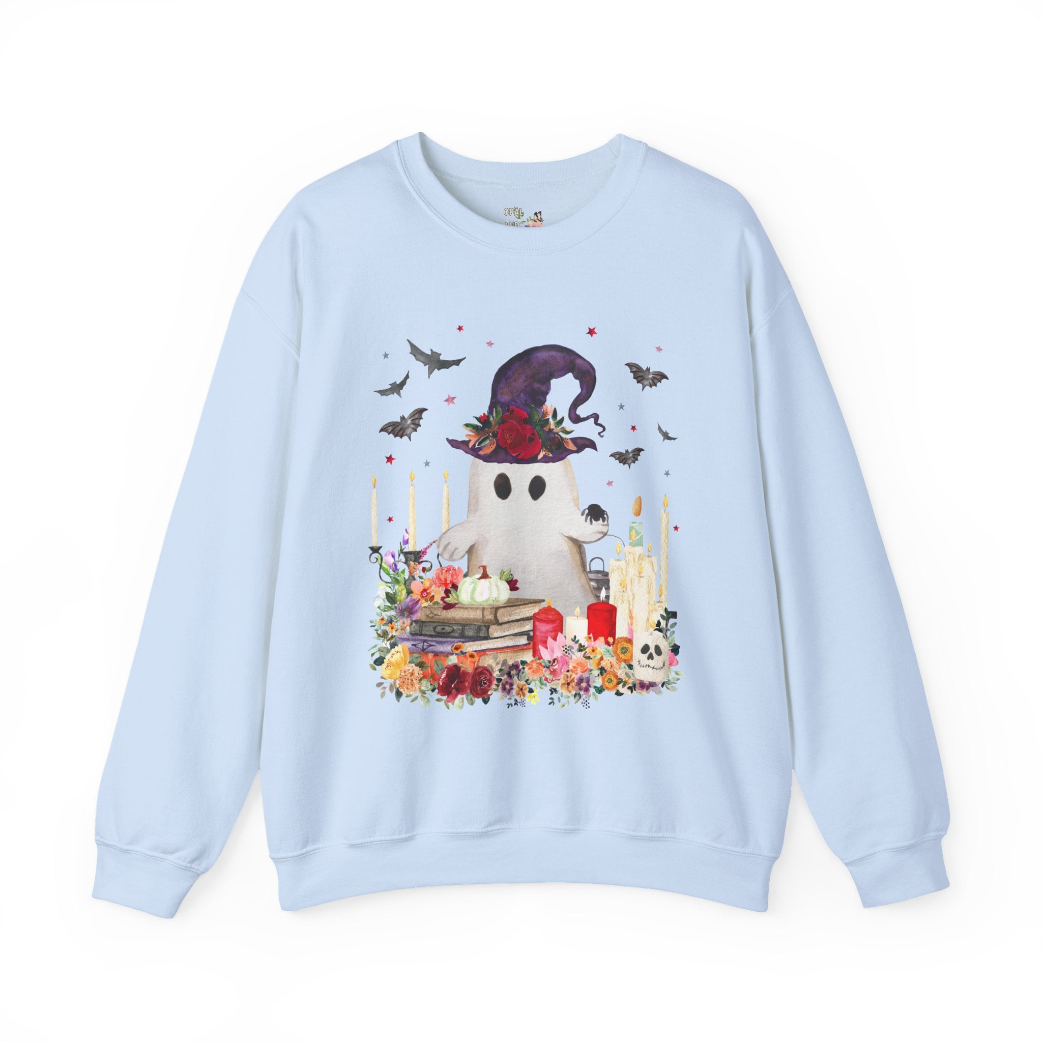 Ghost Sweatshirt for Halloween: Ghost with Flowers and Books | Cute Halloween Sweatshirt, Boho Halloween, Spooky Sweatshirt with Bats