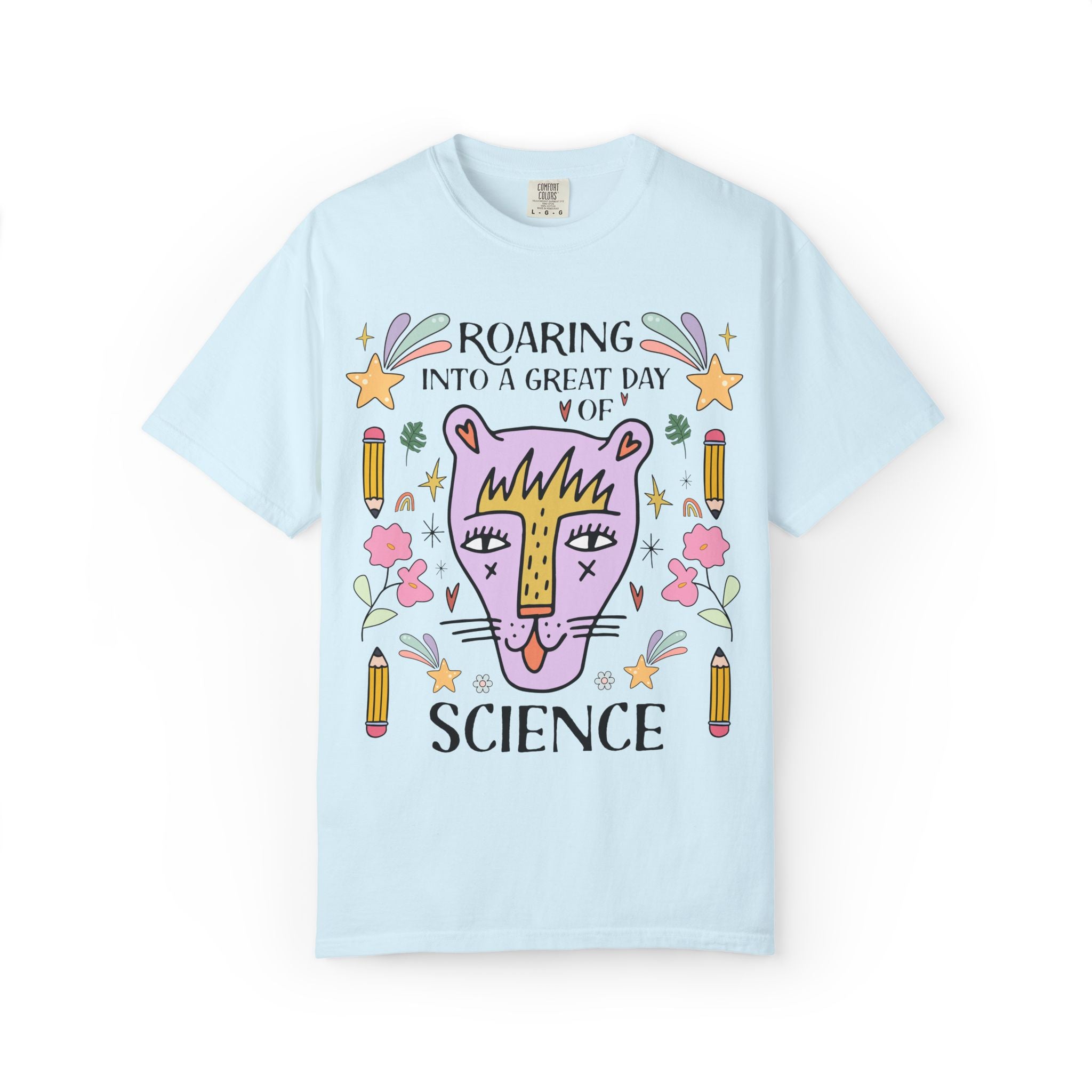 High School Science Teacher Tee: Roaring Into a Great Day of Reading | Cute Matching Teacher or School Office Staff Tee, Pencils and Flowers