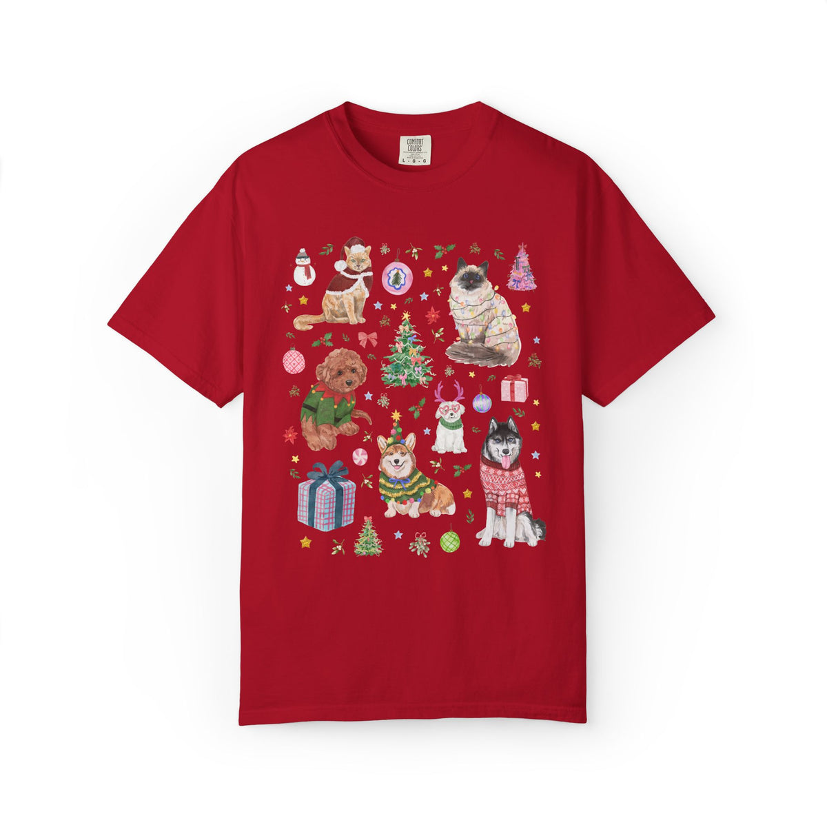 Maximalist Christmas Tee Shirt for Animal Lover with Kittens and Cats and Dogs, Funny Nostalgic Xmas Holiday T-Shirt, Cute Kitschy Vibe