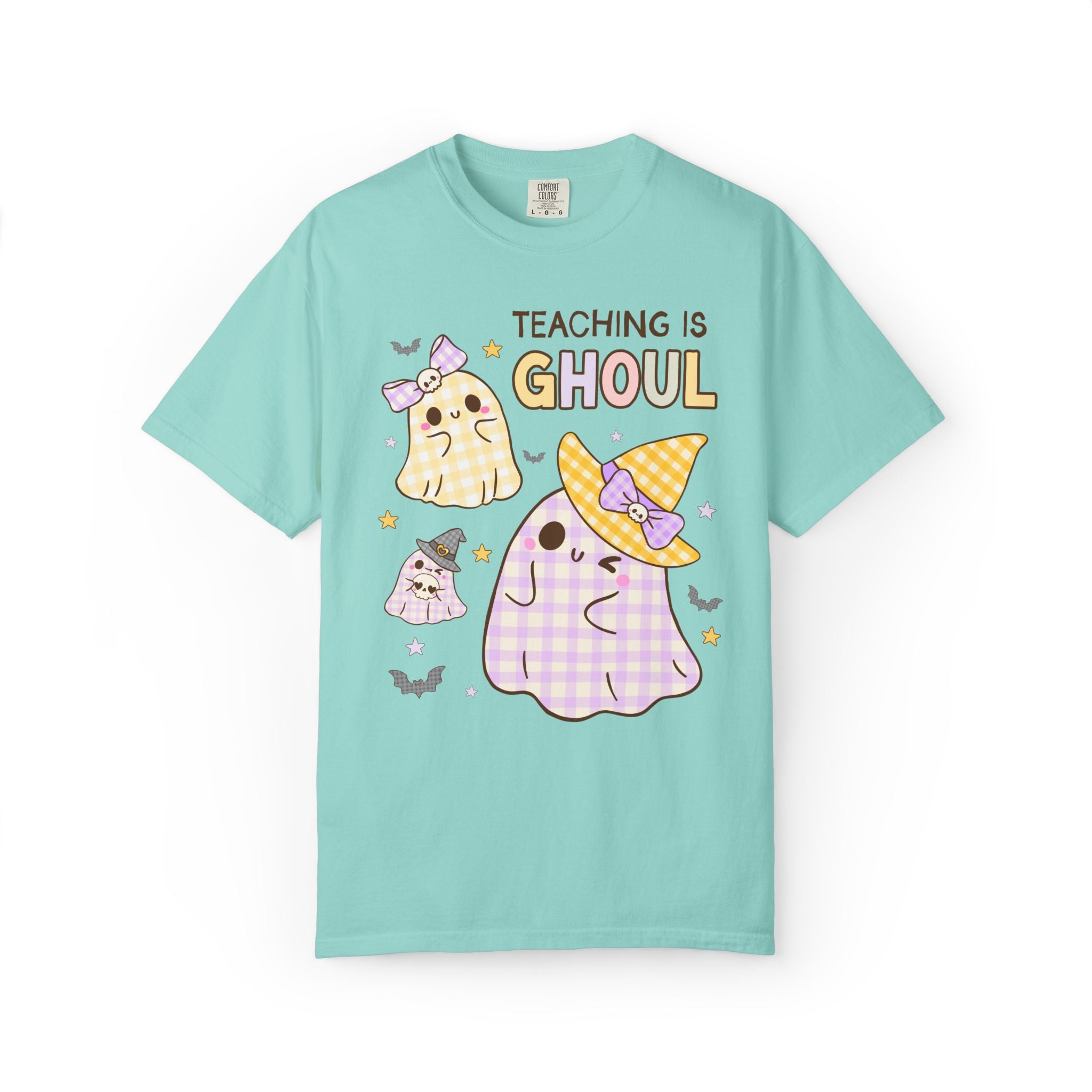 Pastel Halloween Teacher Team Tee Shirt with Cute Gingham Ghosts: Teaching is Ghoul, Spooky Season Matching Teacher T-Shirt for Fall