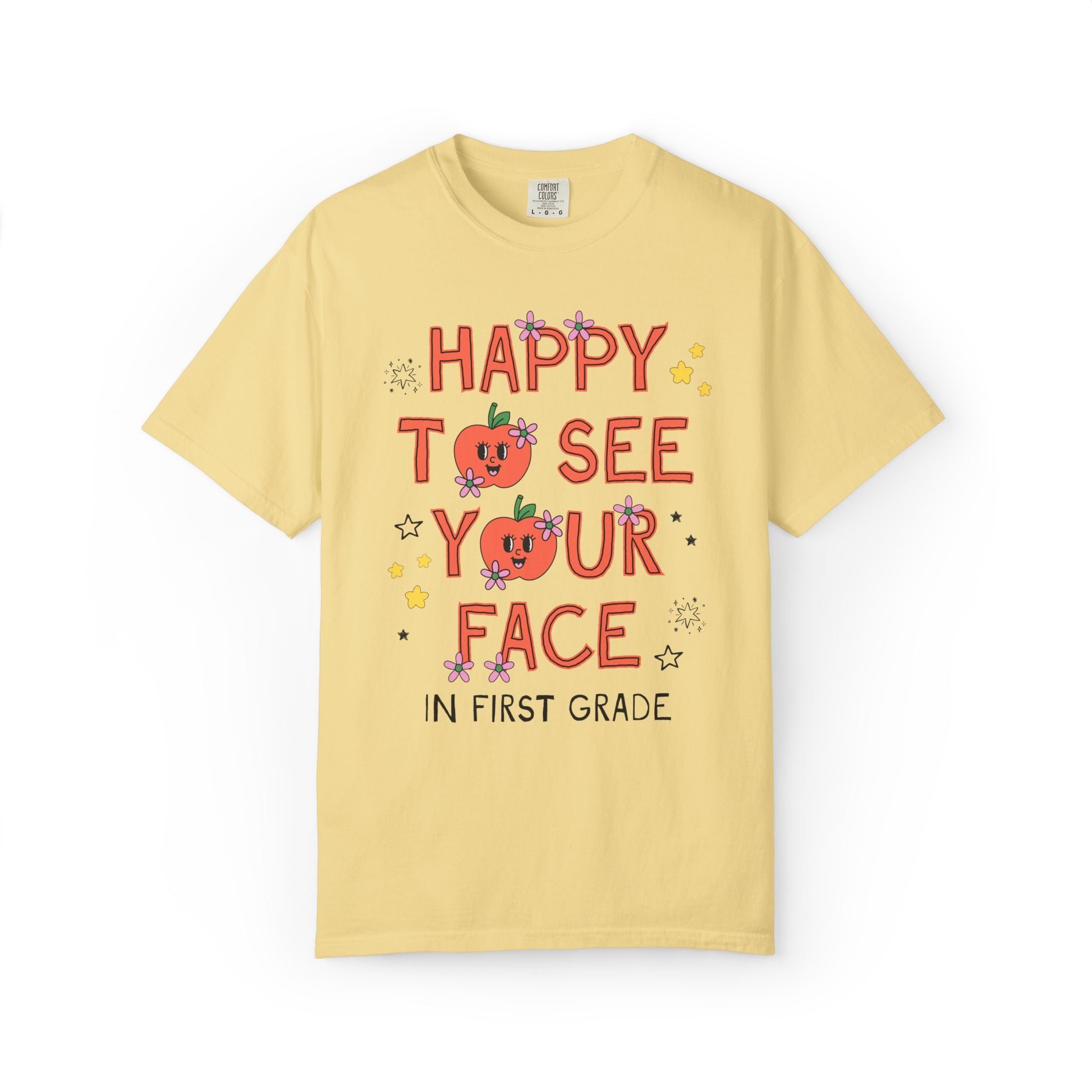 First Grade Teacher Team Tee Shirt: Happy to See Your Face | Cute Back to School T-Shirt with Retro Apples and Flowers, First Day of School