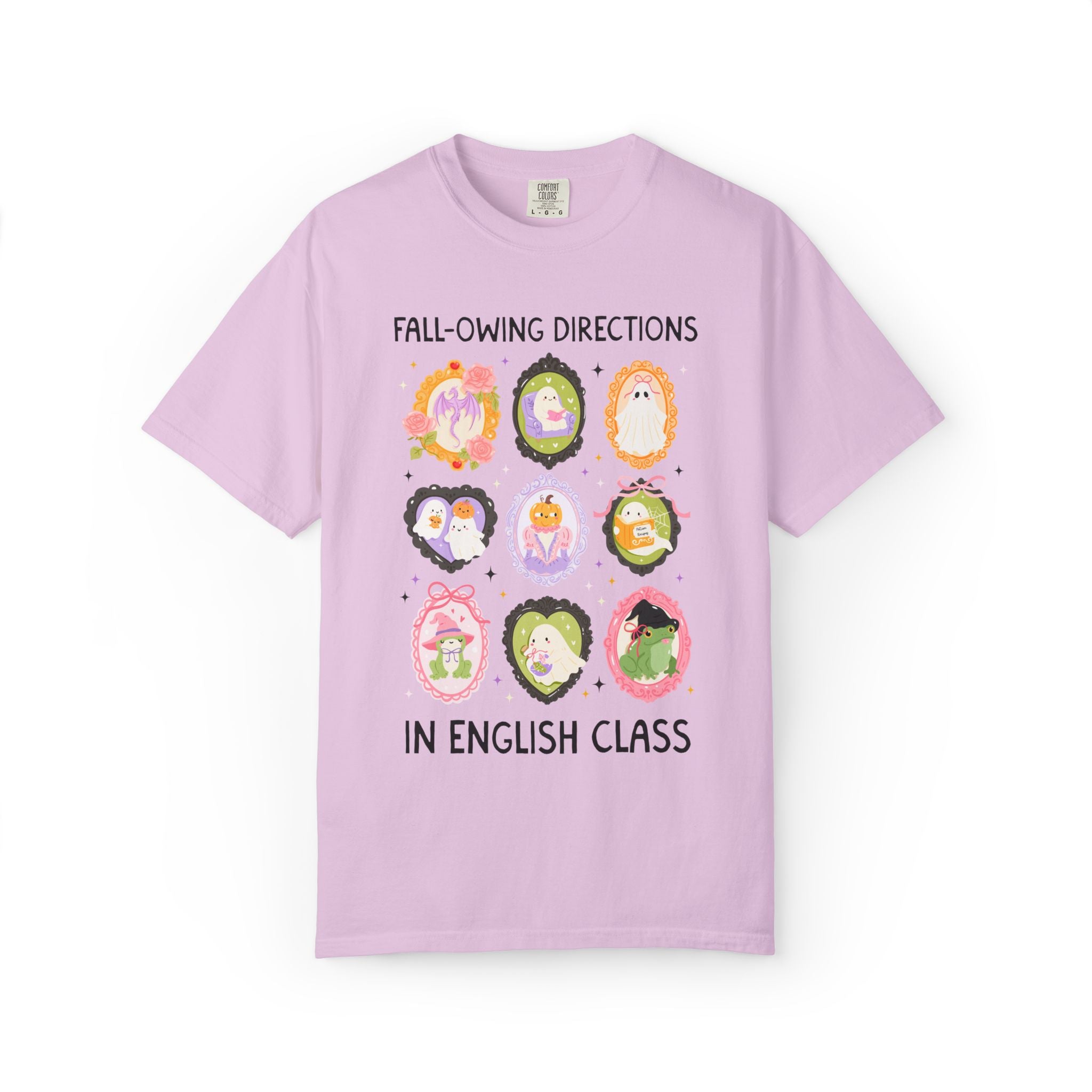 English Halloween Teacher Tee: Fall-Owing Directions Pastel Goth Teacher Team T-Shirt for Fall, Cute Spooky Season Frog Tee with Ghosts