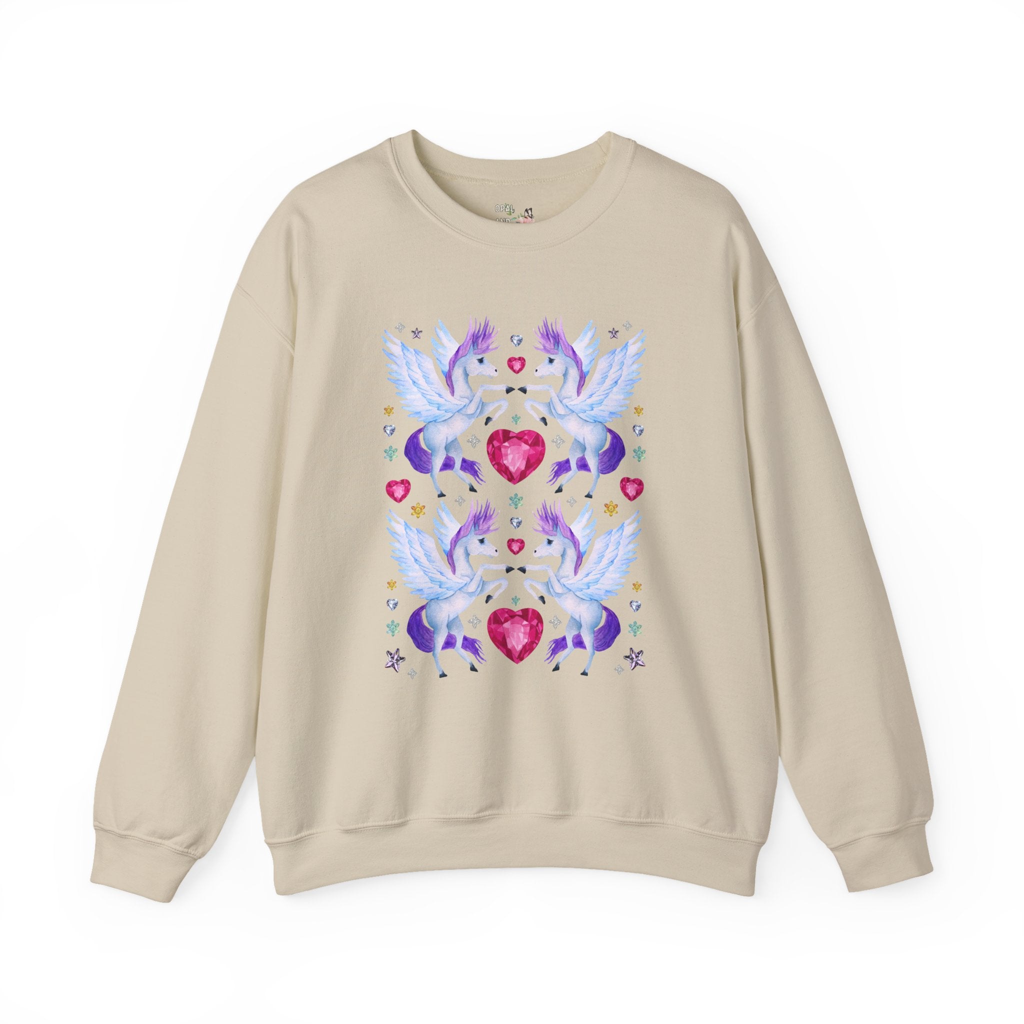 Horse Lover Nostalgic Blue and Purple Pegasus Sweatshirt with Hearts: Cute and Silly Y2K Aesthetic Animal Lover Crewneck for Fantasy Reader Bookworm
