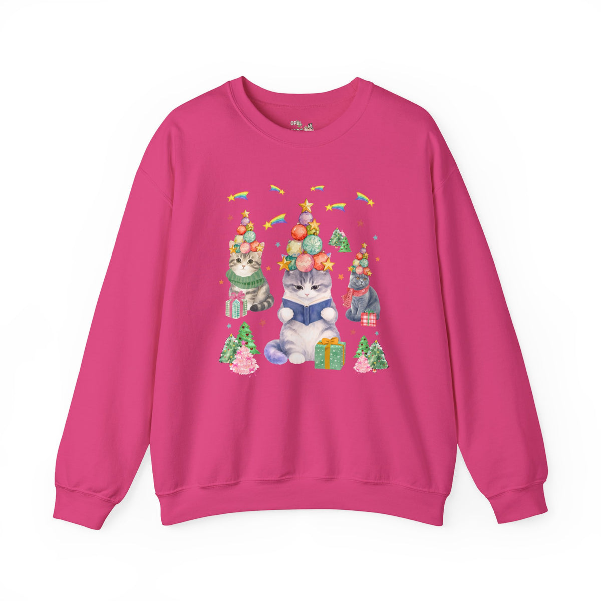 Bookish Cat Christmas Sweatshirt with Shooting Rainbow Stars, Funny Dreamcore Kitten 90s Aesthetic Crewneck for Cat Mom or Cat Dad, Animal Lover Shirt
