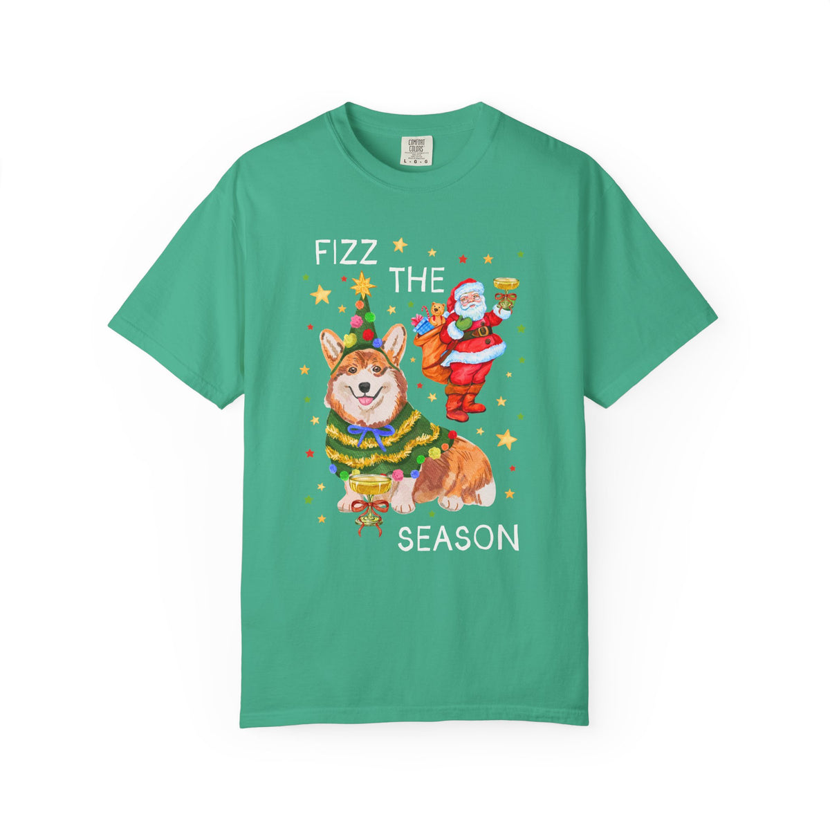 Fizz the Season: Funny Santa and Corgi Christmas T-Shirt with Stars, Cute Holiday Drinking Tee Shirt for Friend Group or Family