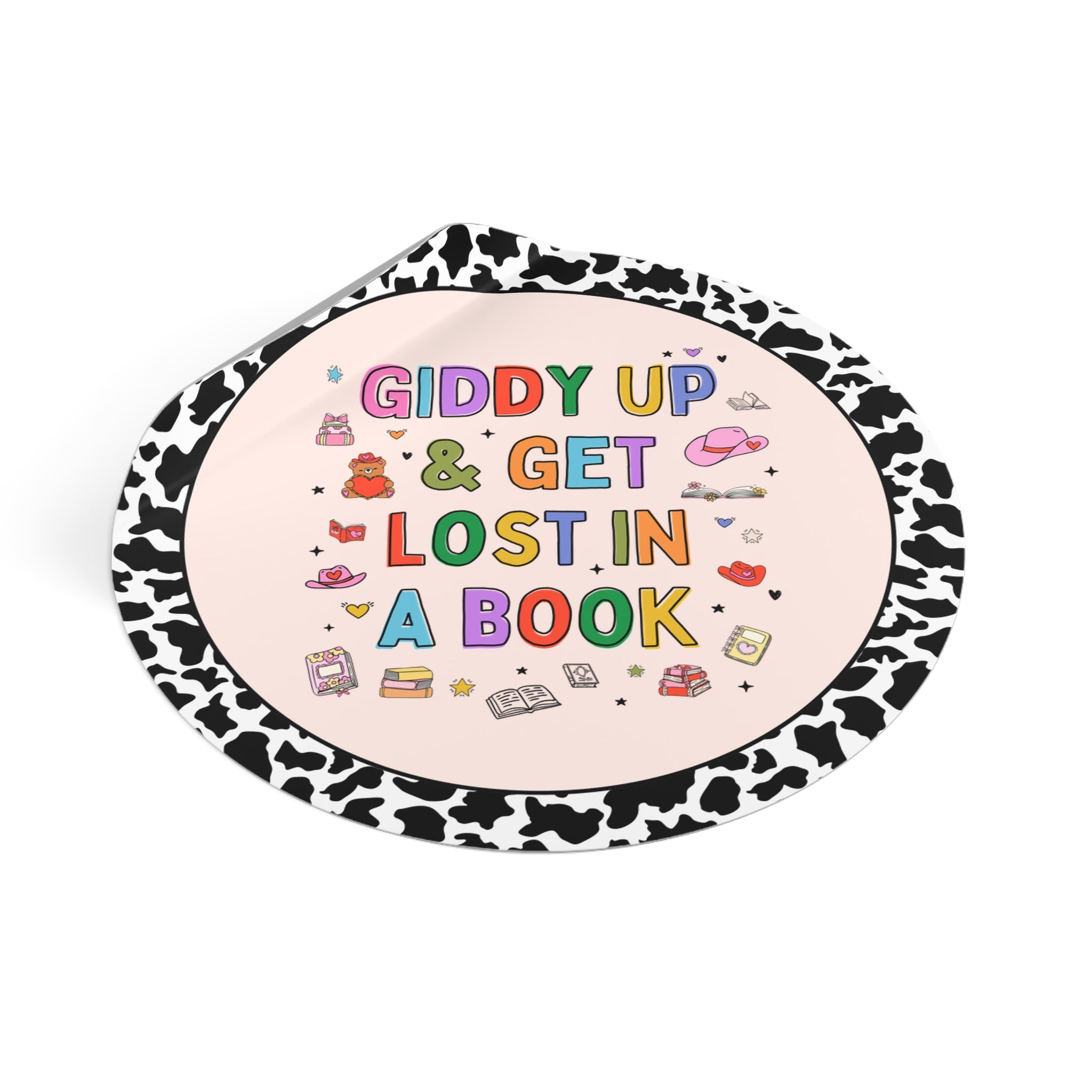 Book Lover Sticker with Adorable Doodles and Groovy Western Vibes: Giddy Up and Get Lost in a Book, Funny Reading Bookish Cow Print Sticker