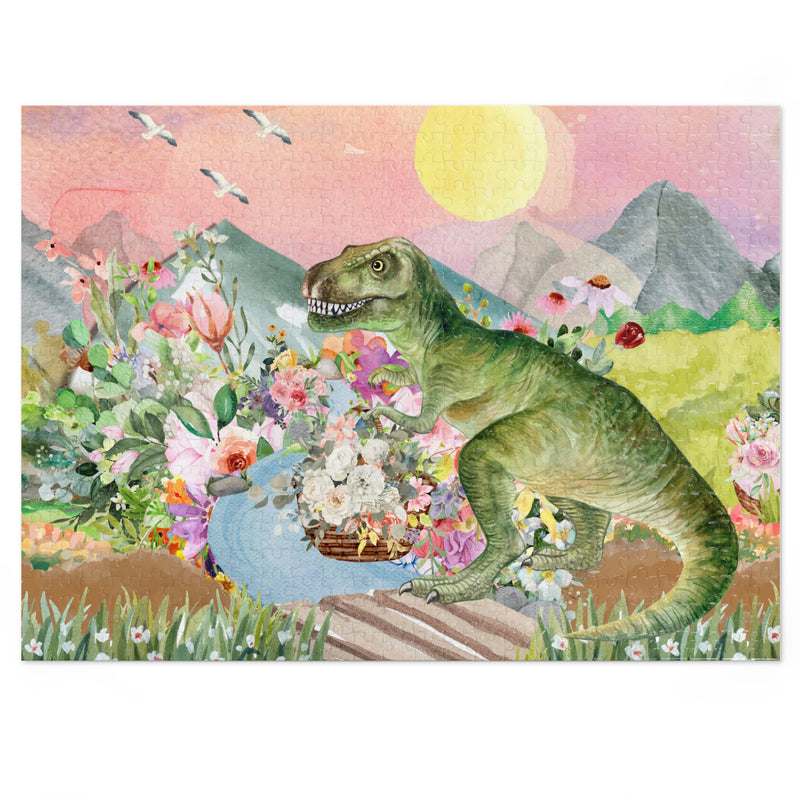 Puzzle of Dinosaur with Flowers: Funny Unique Puzzle of TRex Crossing a Bridge | Creative Kitschy Puzzle for Adults, Gift for Dinosaur Lover
