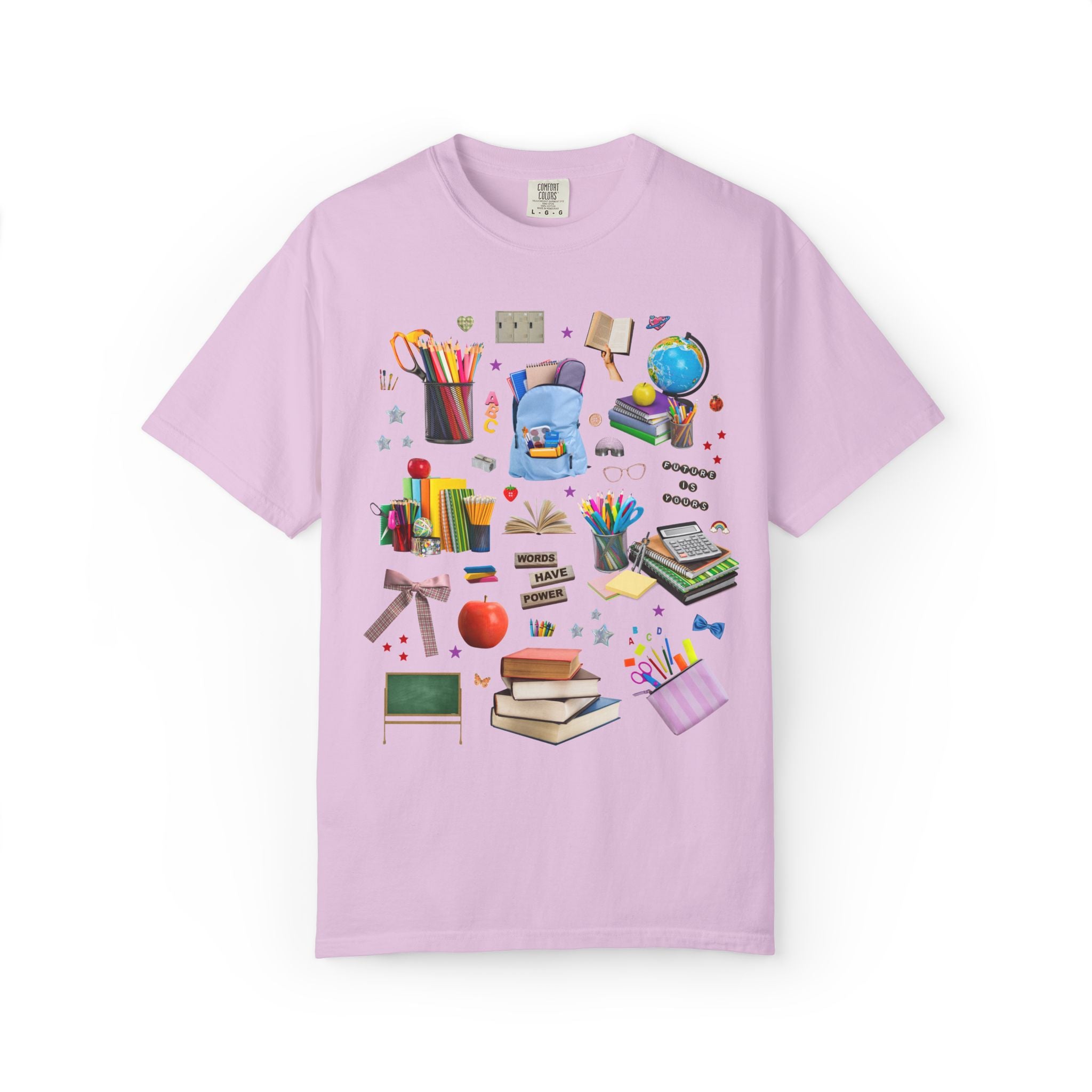 School Supply Matching Teacher T-Shirt for History Department or Middle School Office Staff, Words Have Power Education Collage with Stars