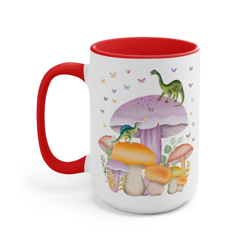 Coffee Mug with Dinosaurs and Mushrooms: 15 Oz Coffee Mug