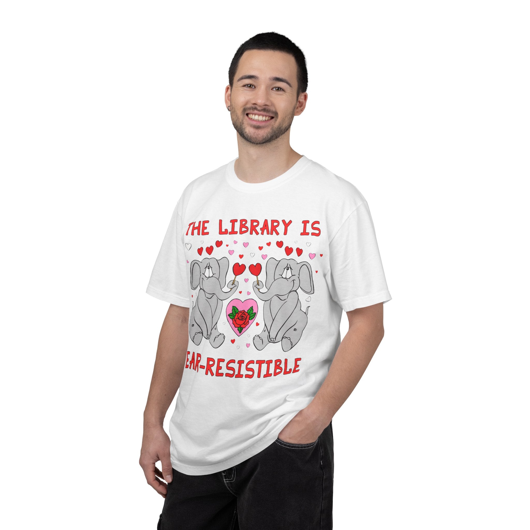 The Library is Ear-Resistible! Valentine's Day Teacher Tee: Funny Animal Lover T-Shirt with Elephant and Hearts, Cute Matching Teacher Tee