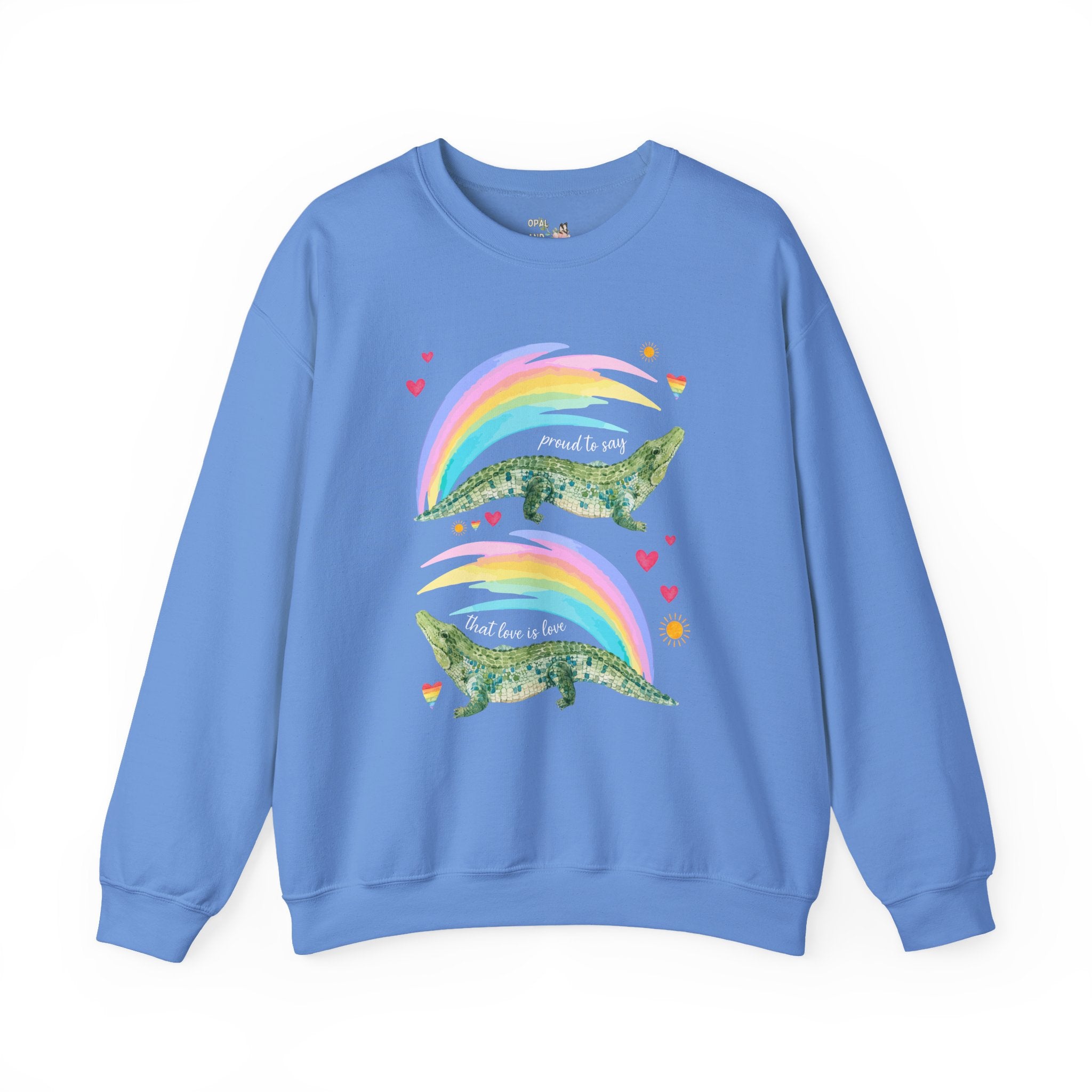Proud to Say that Love is Love: Colorful Alligator Sweatshirt with Rainbow and Hearts, Gay Rights Nostalgic Animal Lover Crewneck for Pride Month