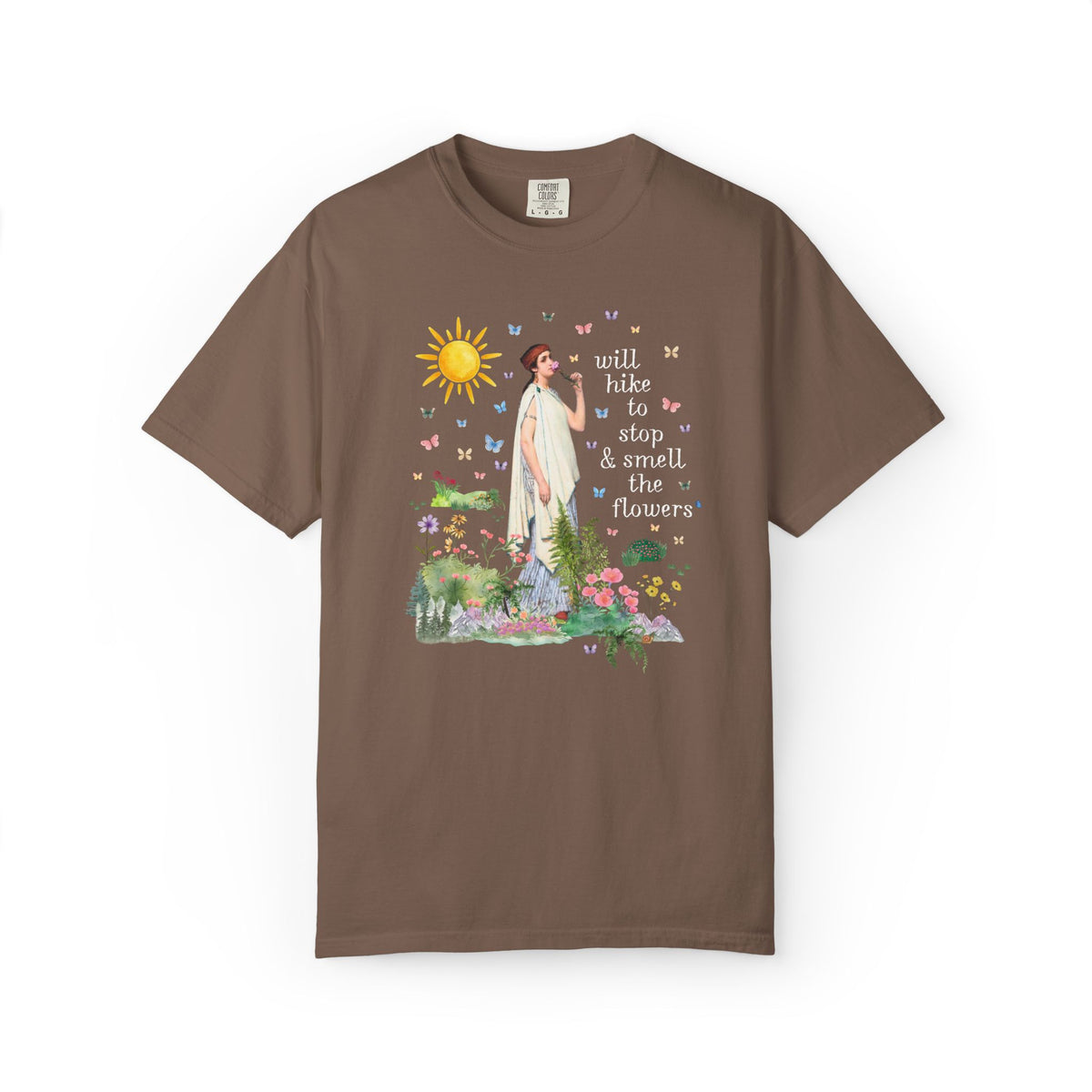 Hiking Art History Tee Shirt: Will Hike to Stop and Smell the Flowers, Funny Goblincore Hikinng Lover T-Shirt for Nature Lover or Gardener