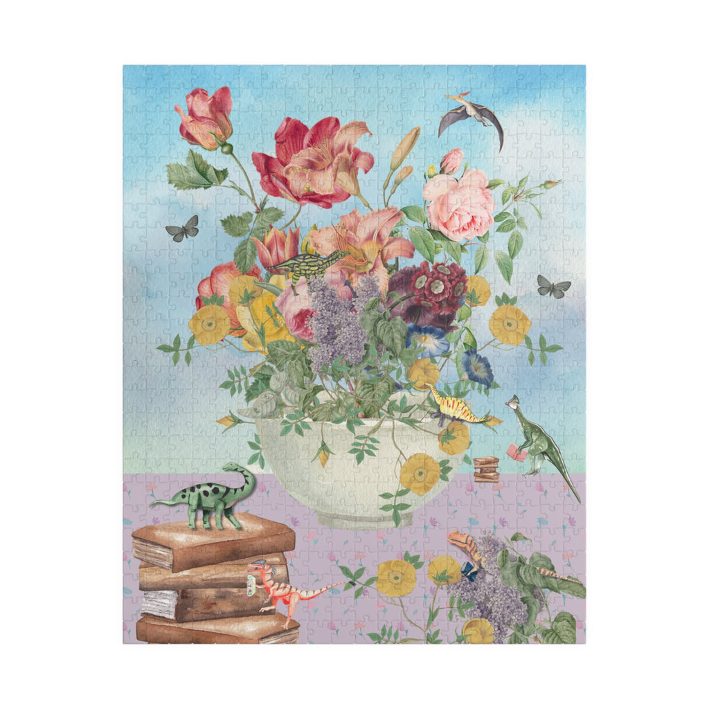 cute puzzle with books, flowers, and dinosaurs