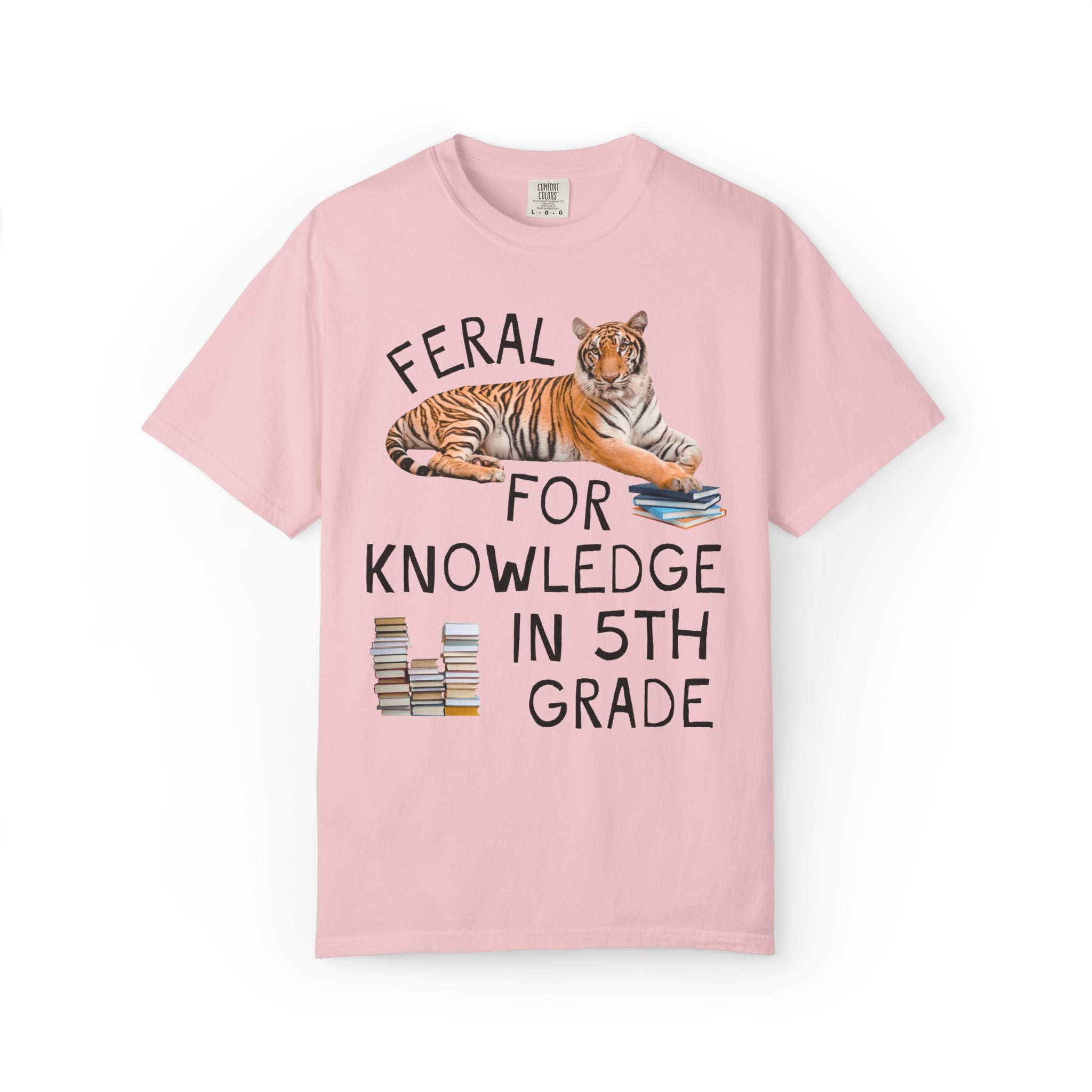 Fifth Grade Teacher Team Shirt: Feral for Knowledge in 5th Grade, Silly Animal Lover T-Shirt with Tiger Holding Books, Matching Teacher Tee