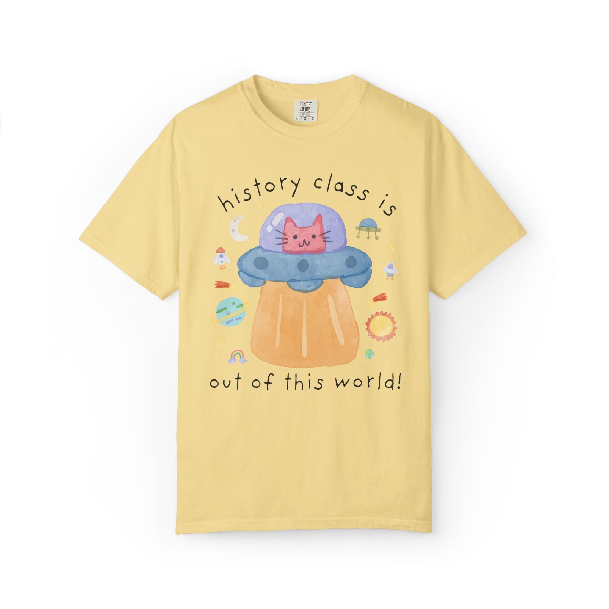 Matching Cat Mom Teacher Tee Shirt with Kitten in a UFO: Learning is Out of this World 90s Throwback Tee for Grade Level, Science Teacher