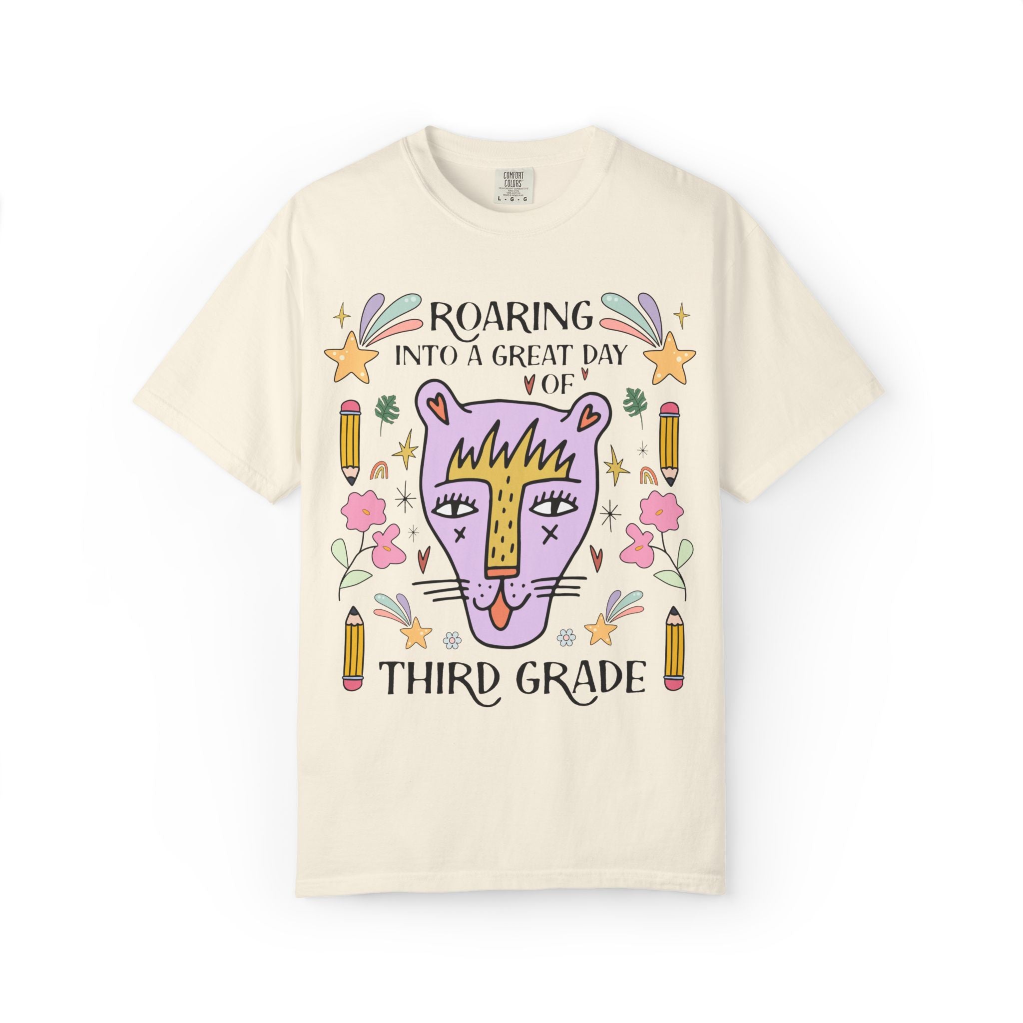 Third Grade Teacher Tee Shirt: Roaring Into a Great Day of 3rd Grade | Cute Eclectic Matching Teacher or Paraprofessional Tee, Animal Lover