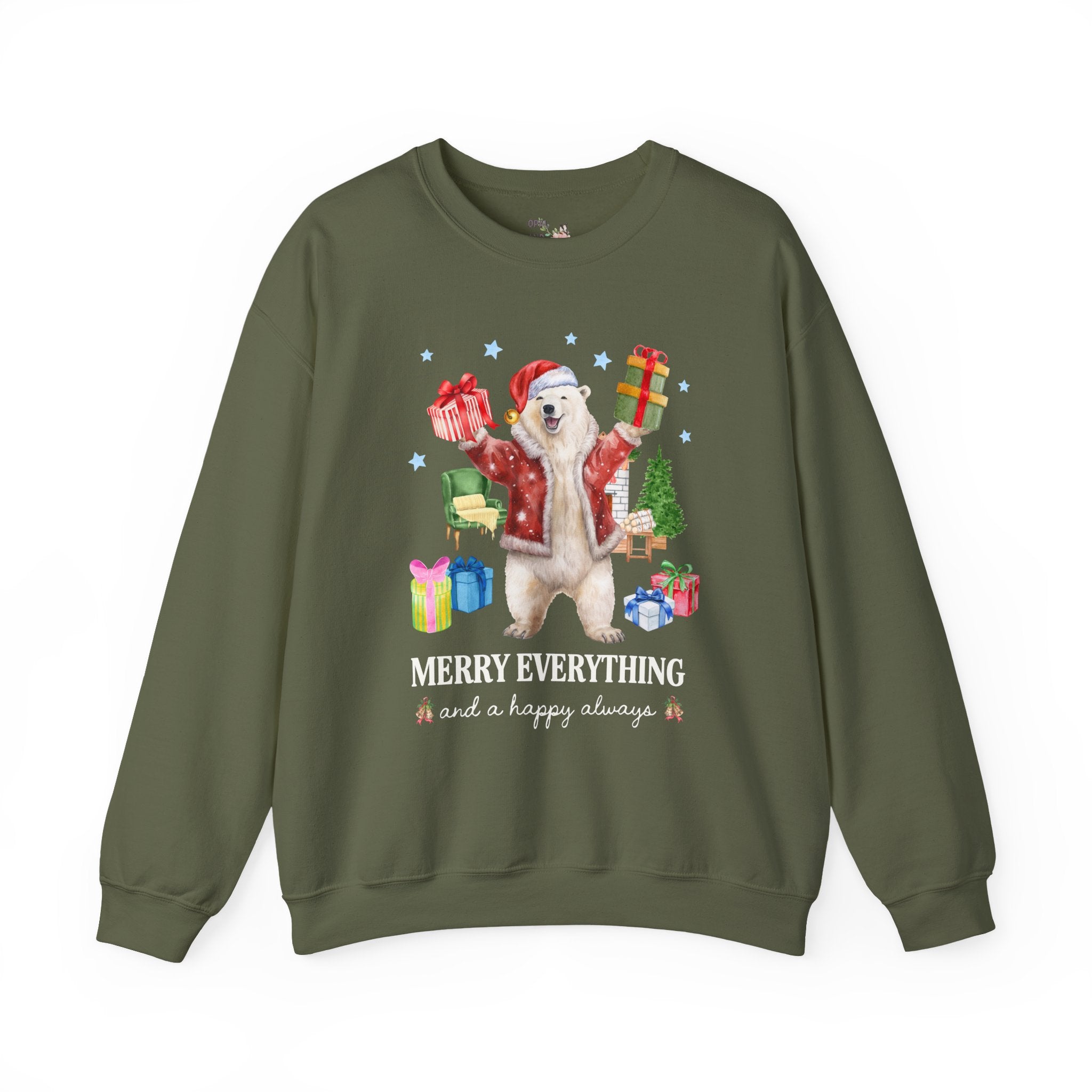 Kitschy Animal Lover Christmas Sweatshirt with Polar Bear Holding Presents: Merry Everything and a Happy Always, Silly Maximalist Xmas Crewneck