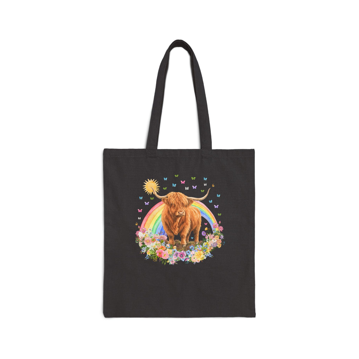 Floral Highland Cow Rainbow Tote Bag with Butterflies for Animal Lover, Cute Nostalgic Maximalist Tote