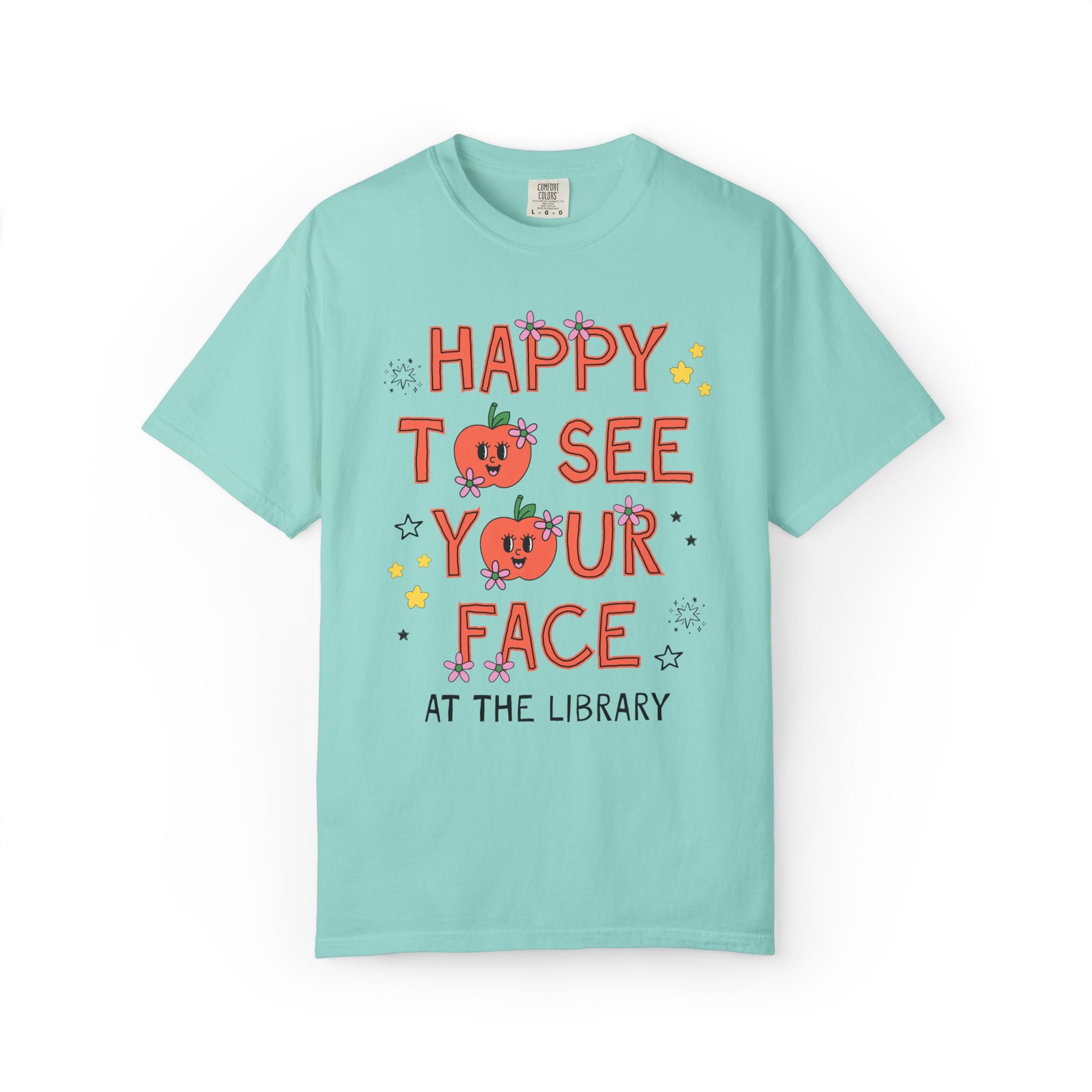School Library Team Tee Shirt: Happy to See Your Face | Cute Back to School T-Shirt with Retro Apples and Flowers, First Day of School